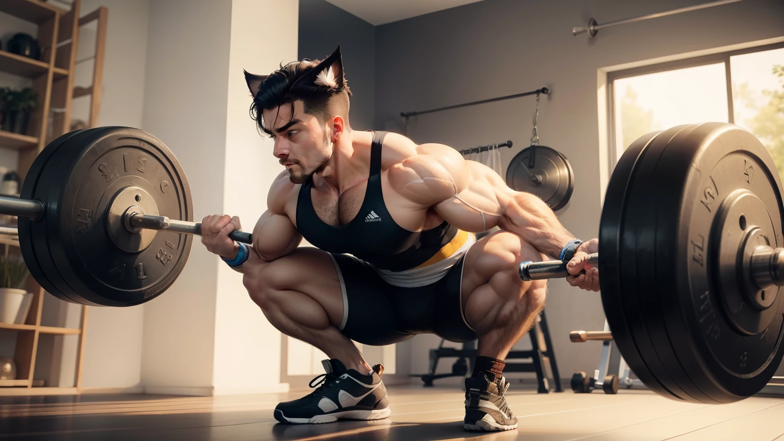 Muscular man lifting a barbell and training々Adult cat images、Please write realistically。It's a picture of a cat。