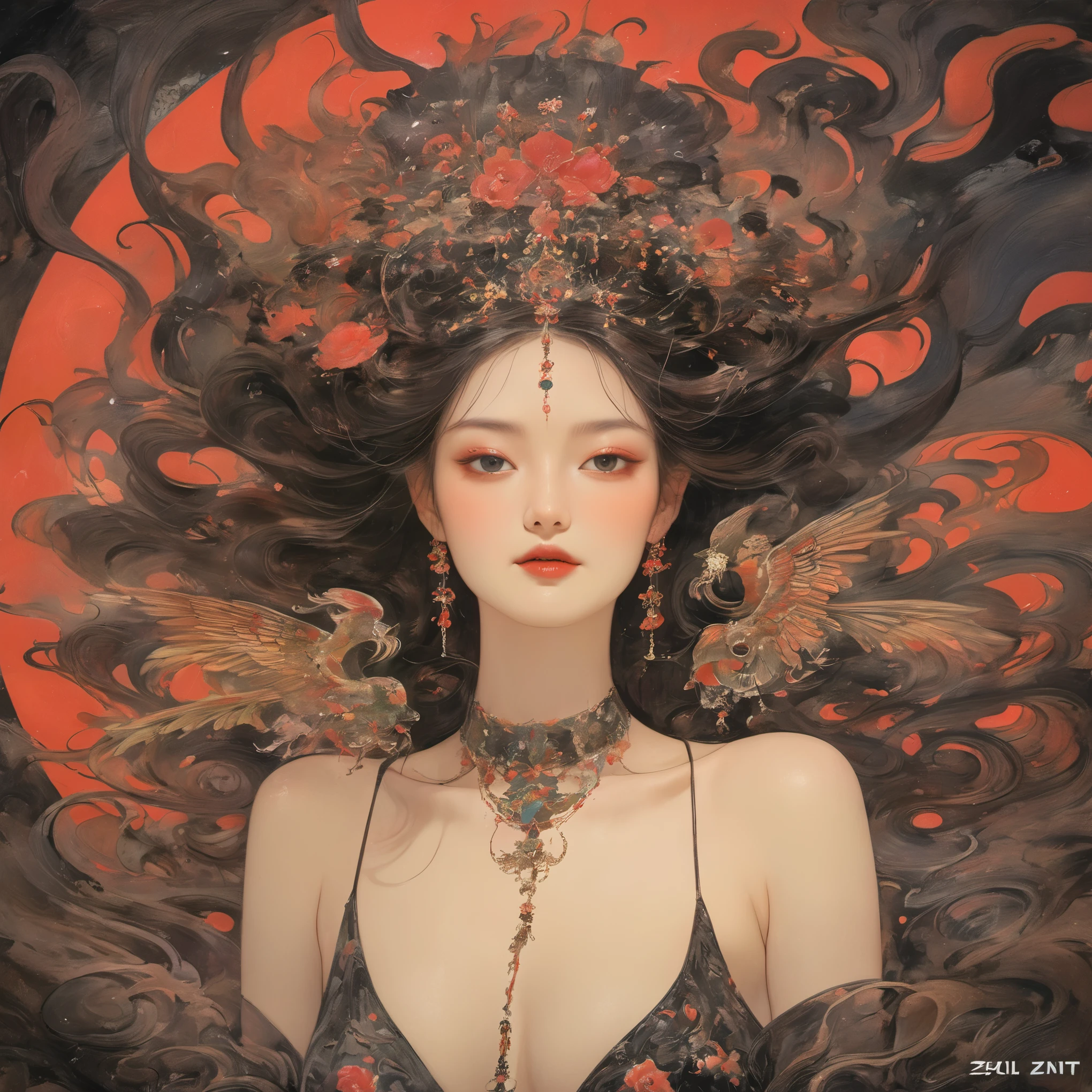 A provocative painting,whole body,Flying,Anatomically correct:2,Depicting a girl from hell,float在迷人的红黑色烟云中, embodying the allure and power ,epic ,heightens the theatricality and mystique of her character. ,Otherworldly beauty and glamour., Enhances feminine charm and awesome presence.,Clever use of light and shadow,Adds depth and drama to the scene., Draws audiences into a narrative of dark elegance and intrigue. This masterpiece, Created by the famous painter Gustav Klimt, Delve deep into the realms of fantasy and mythology, Inviting viewers to explore the complexity of beauty, strength, and the mysterious lady from hell. float,float:2