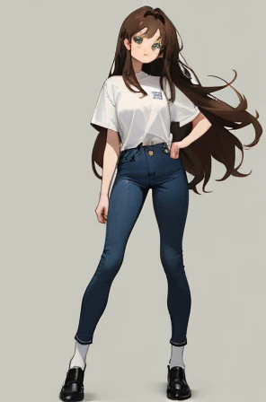 • a female student,
-description:
>Long brown hair,
>green eyes,
>1.50 cm tall,
>,
-wearing:
>white shirt,
>blue jeans,
>black shoes and white socks.
