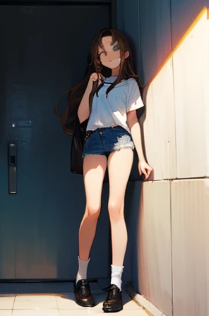 • a female student, 
-description: 
  >Long brown hair, 
  >green eyes, 
  >1.50 cm tall, 
  >15 years old, 
-wearing: 
  >white shirt, 
  >blue jeans,
  >black shoes and white socks.