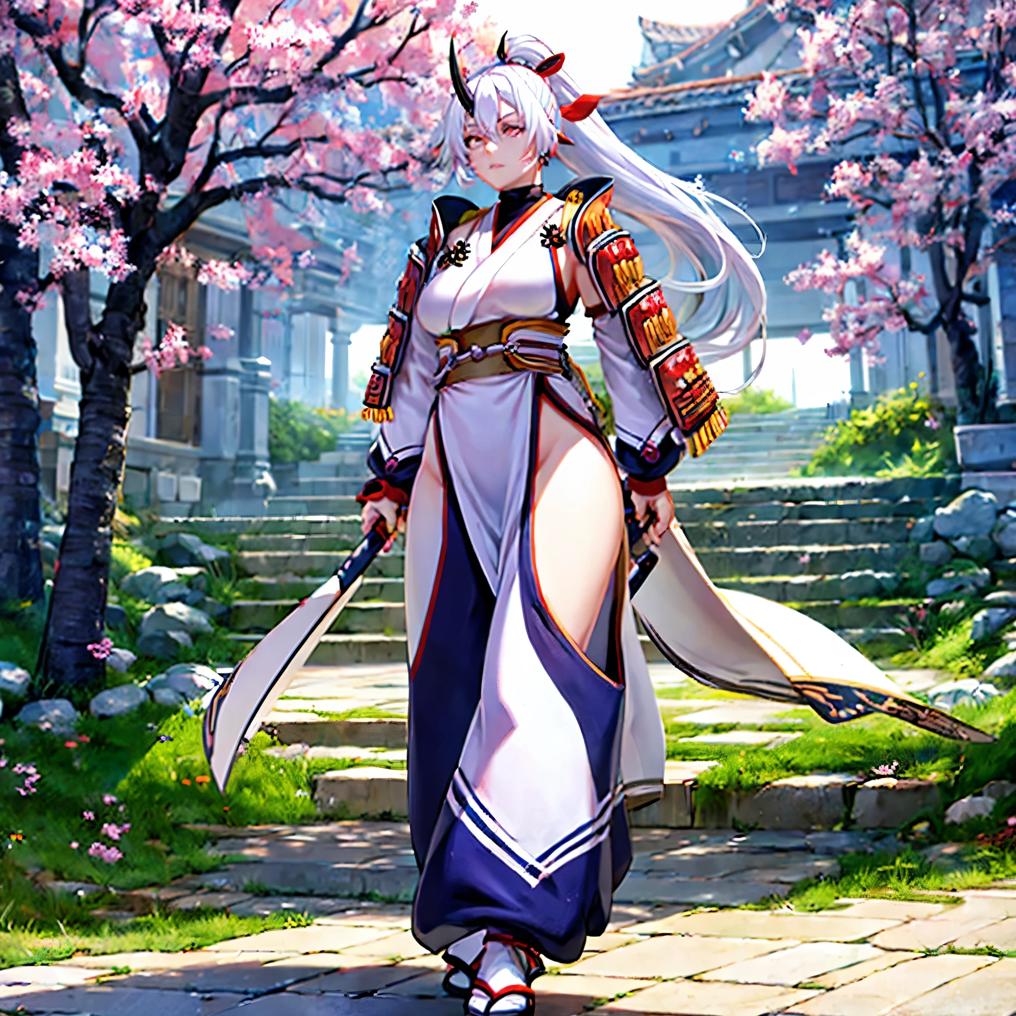 a woman wearing a white sleeveless samurai shirt, an orange samurai shoulder pad, dark blue samurai pants, white hair, ponytail hair, orange eyes, walking in an open area with a concrete floor, several sakura trees in the background, sakura leaves spreading around the place.HDR, ultra resolution, well defined, masterpiece, 8K HD. (solo woman)
