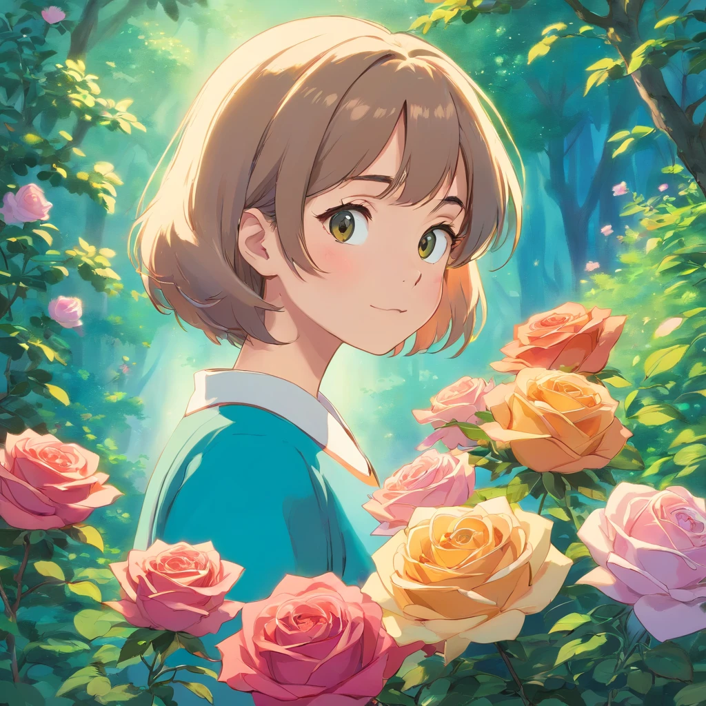 (a close-up view ,rosefield,Beautiful roses,blooming roses,bright colors,Tightly packed roses,soft petals,breeze,green leaves,fertile land,refreshing scent,Summer mood,peaceful atmosphere,blooming nature,the beauty of serenity,(best quality,high resolution,masterpiece:1.2),very detailed,In fact,photoIn fact,soft light,fancy,impressionist style