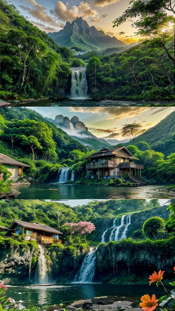 House in the jungle in front of the lake and waterfall nearby mountain with sun set and flowers