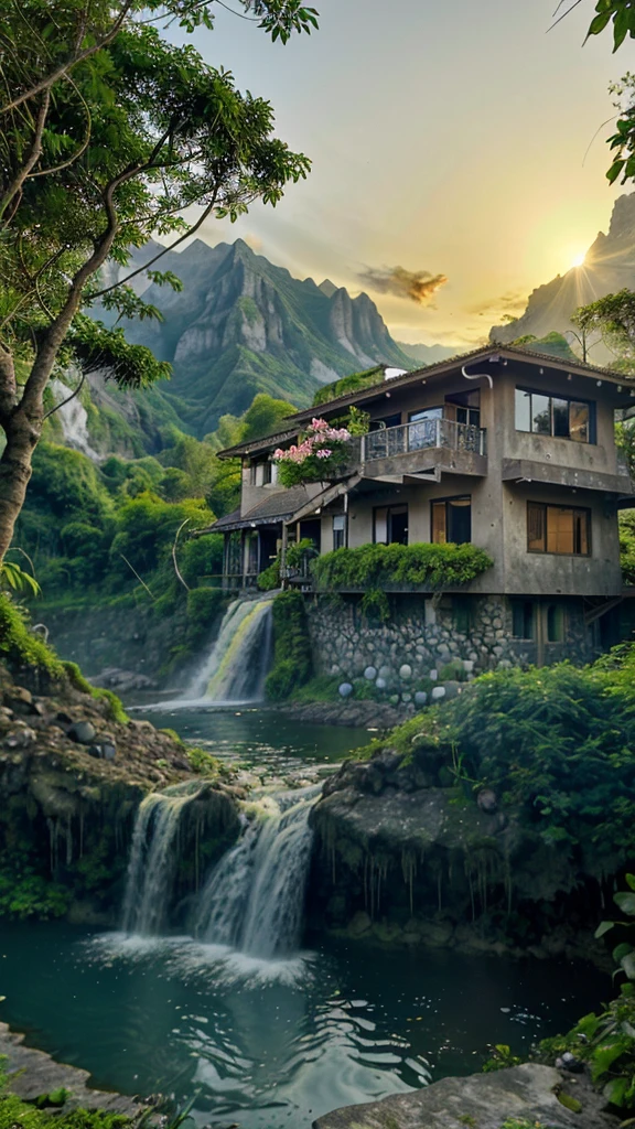 House in the jungle in front of the lake and waterfall nearby mountain with sun set and flowers