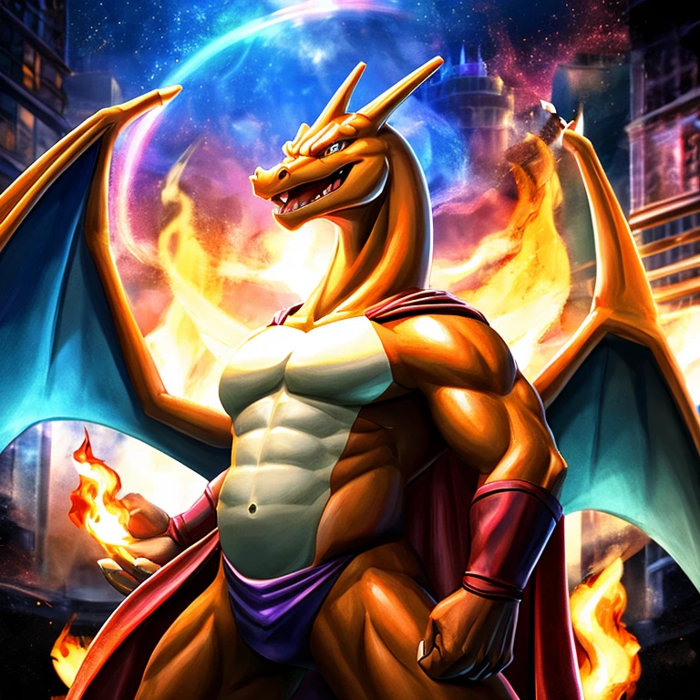 Charizard  with a bright and a flowing gay pride cape., altura completa, divino, sharp focus, renderizado de octanaje, HDR, atomspheric,