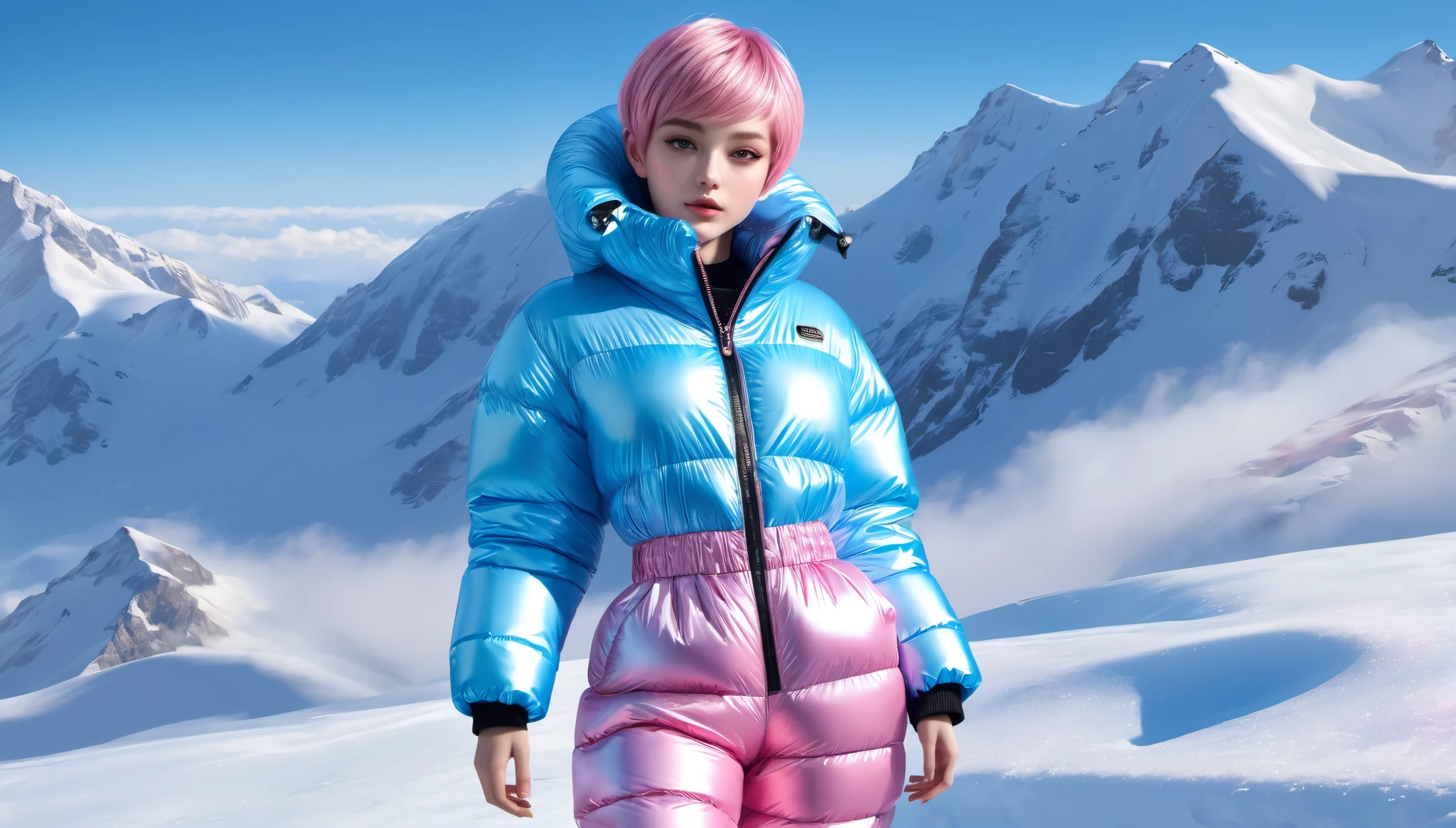 (best quality,highres,ultra-detailed,realistic,masterpiece:1.2), girl in open oversized puffer jumpsuit, small breasts, small hips, pixie short shaved hair, shiny, light blue and pink:1.4