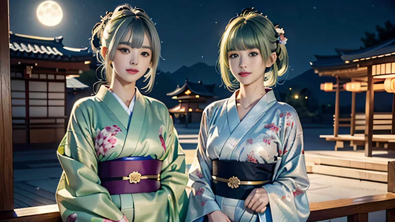 ♥(Japanese beautiful flower printed kimono,yukata),((1girl,cute,young,semi long beautiful silver green hair,blunt bangs,twin tales,beautiful green eyes)),(solo),((masterpiece, highest resolution,best quality)), (beautiful illustration),(Japanese beautiful flower printed kimono,yukata),
 (looking at the viewer), innocent smile,cinematic lighting,Japanese Festival,stall,fireworks,night sky,full moon,shooting star,