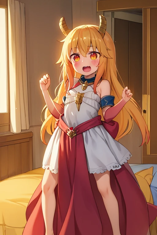 ((highest quality)), ((masterpiece)), (be familiar with), Perfect Face, indoor, Bedroom, Watching the audience,
One woman, Thor,
Open Mouth, Ecstatic expression, blush, smile,
Small breasts, Flat Chest, Young Girl, , , Girl,
Long Hair, Golden Hair, Orange eyes, Long Hair,
Leg spread,