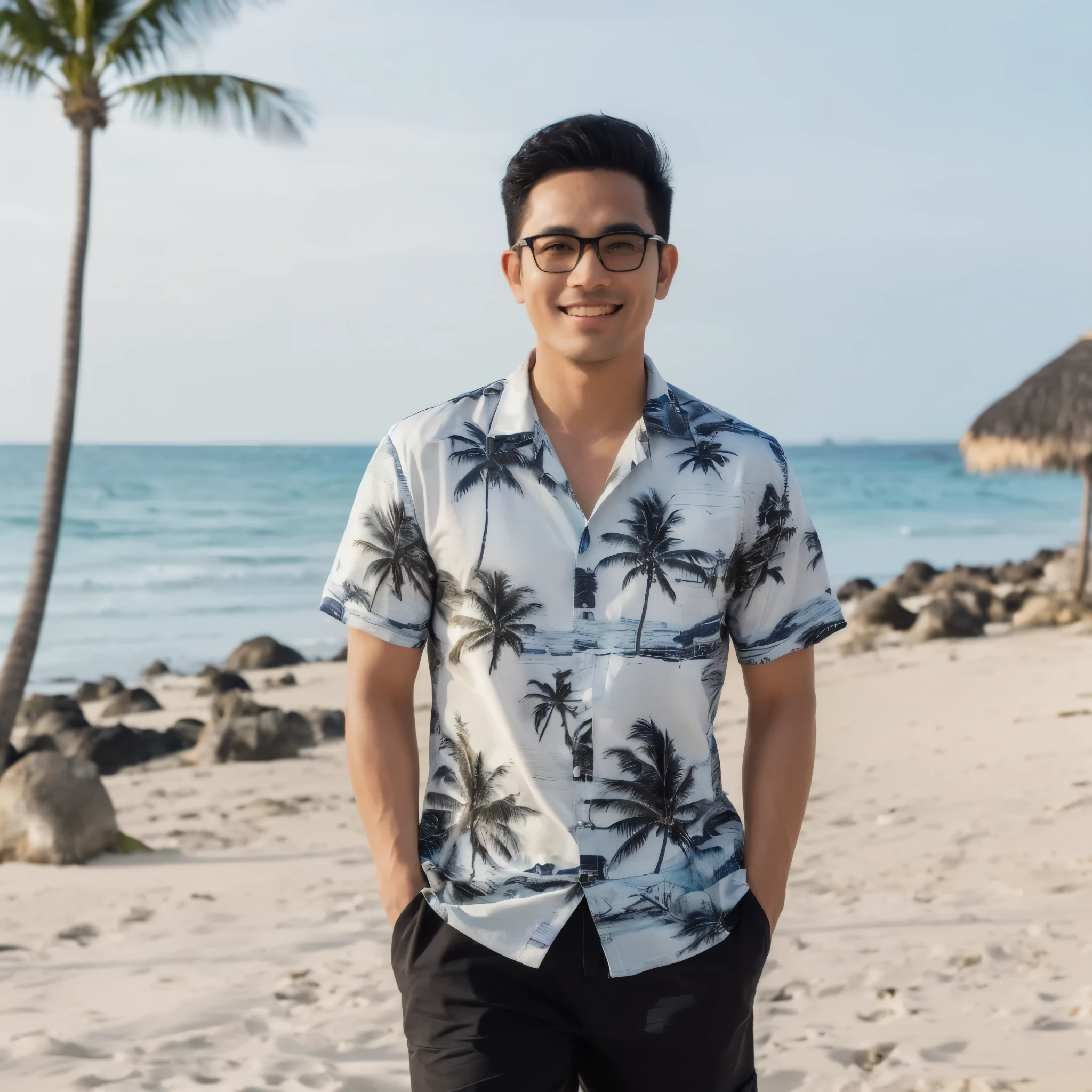 arafed man standing on a beach with a palm tree in the background, with hawaiian shirt, standing on a beach in boracay, palm trees in the background, at a tropical beach, with palm trees in the back, john jude palencar, posing on a beach with the ocean, standing at the beach, andrew thomas huang