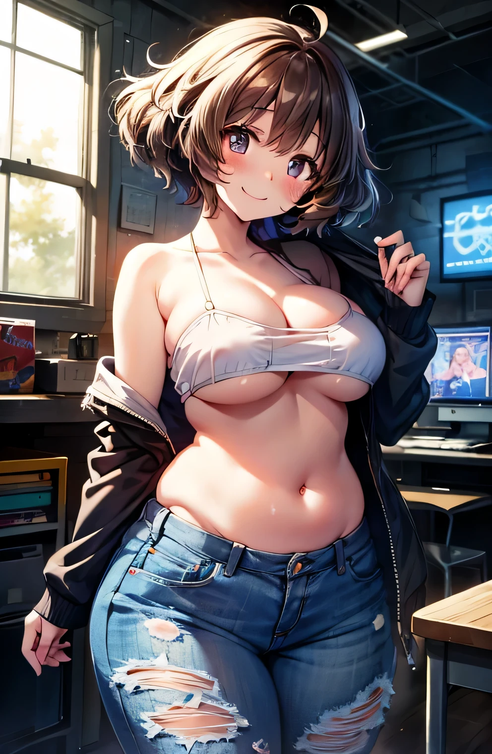 Anime illustration、highest quality、cyber punk、A short and plump high school girl、Tube top、hot pants、A messy game center、Perfect proportions、overwhelmingly big breasts、Beautiful, shining eyes、Blushed、smile、Cowboy Shot