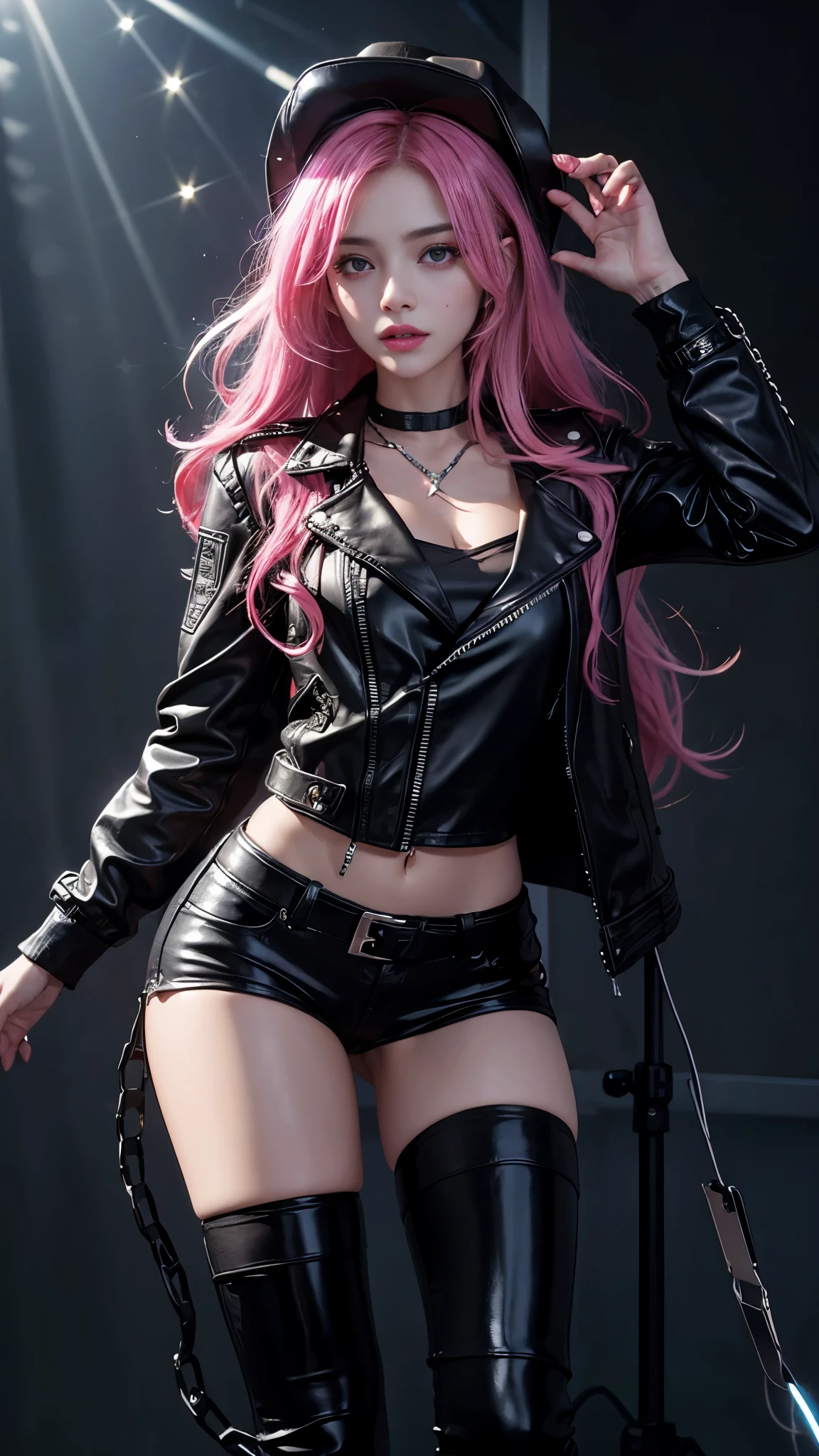 8K, ultra hd, masterpiece, hd colors, 1 girl, perfect face, very long curly hair, detailed eyes, rockstar outfit, ((black leather jacket)), rockstar hat, stocking, lace, ((chain)), stars, bare navel, jwellery, Realistic club, (spot light:1.5), night club, decorated stage, bulbs, (glowing light:1.5), bloom lighting, foggy effect, front body pose,