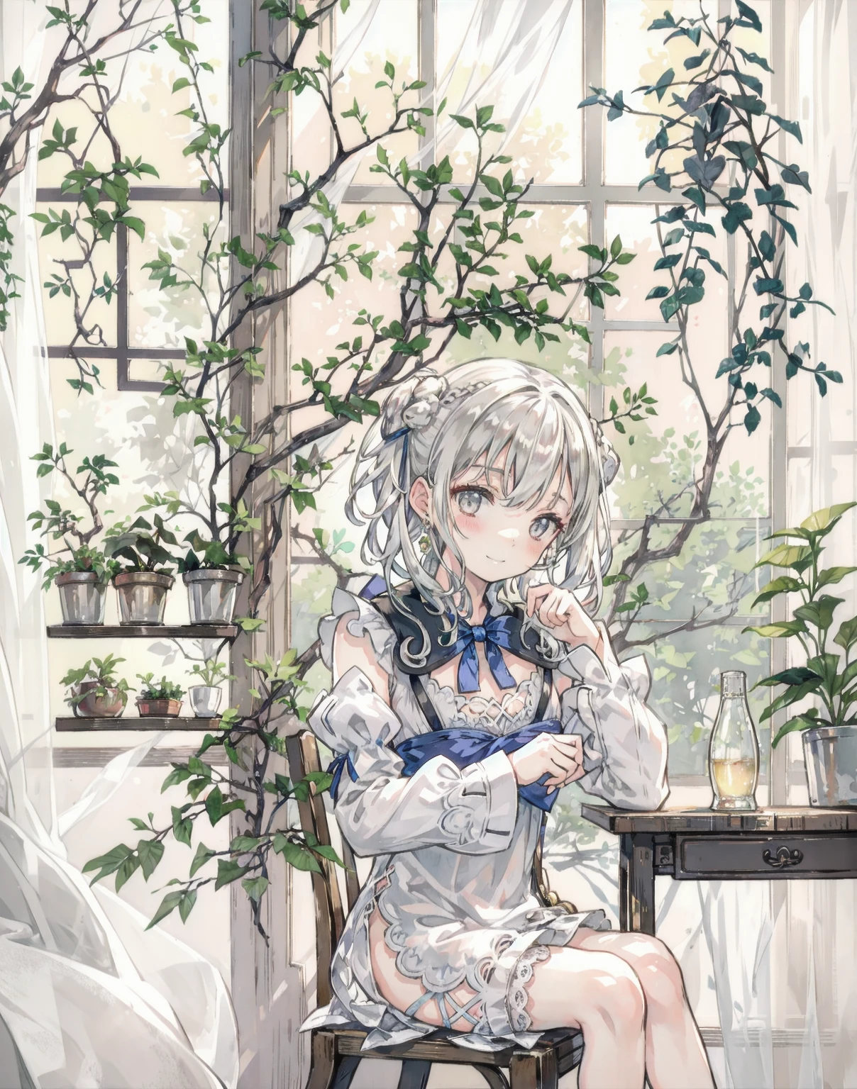 natural lighting, by the window, siting on chair, gentle smile, seductive grin, upturned cheeks, slightly shining silver gray hair, coquettish hair, half up do,  baby doll, silky gloss, plants, (atelier series:1.3), alchemist, 