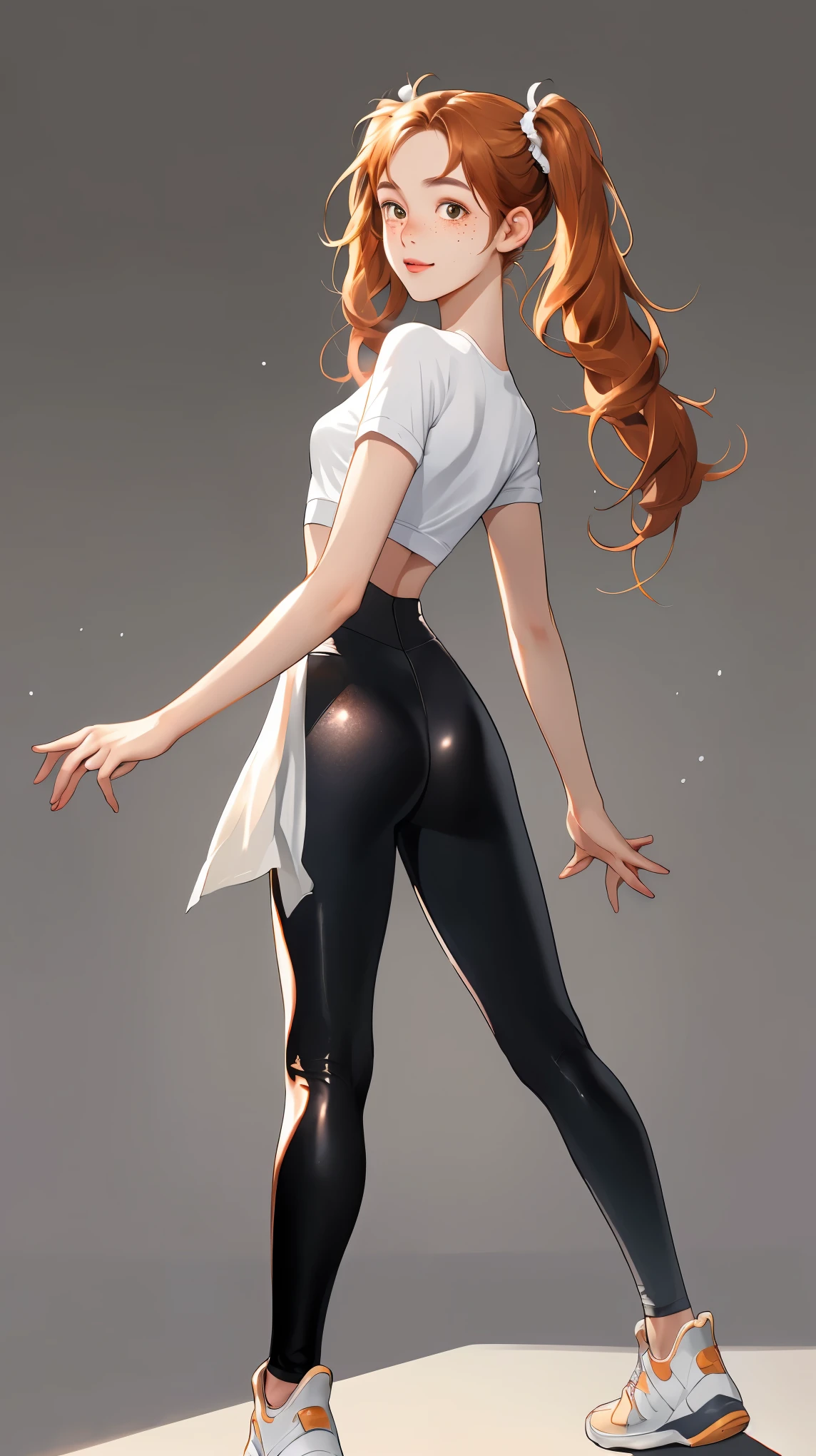 View from behind, masterpiece, fullbody，on tiptoes, floating in the air, best quality, ridiculous, high resolution, 4k, ray tracing, intricate details, very detailed, looking back, (1girl: perfect face, cute, small breasts , long ginger hair, petite, twin tails, freckles, shiny leggings)