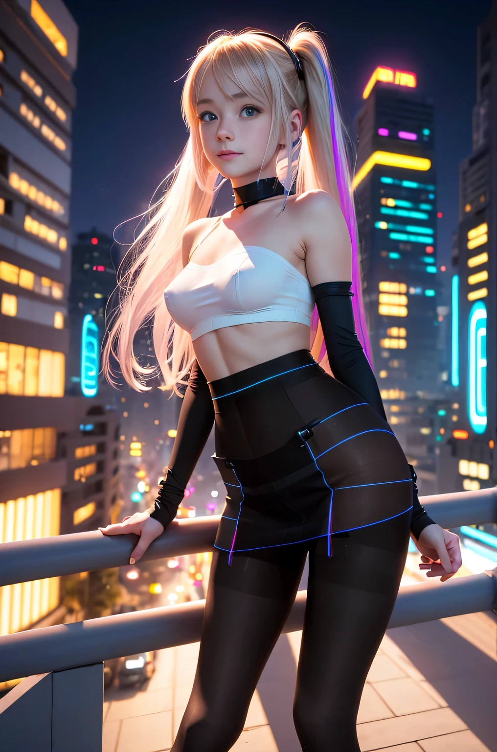 (overhead view) Cute blonde with rainbow colored hair tips, ribbons in her hair, 18-year-old woman, happy, smiling, shy, blushing, in twin tails, perfect eyes, clear sparkling blue eyes, pale skin, silky smooth skin, very body, thin girl, (mini skirt and tube top), (matte pantyhose: 1.6), (("TRON LEGACY futuristic city" style background)), (night time:1.2), photo realistic., Best quality, high detailed.