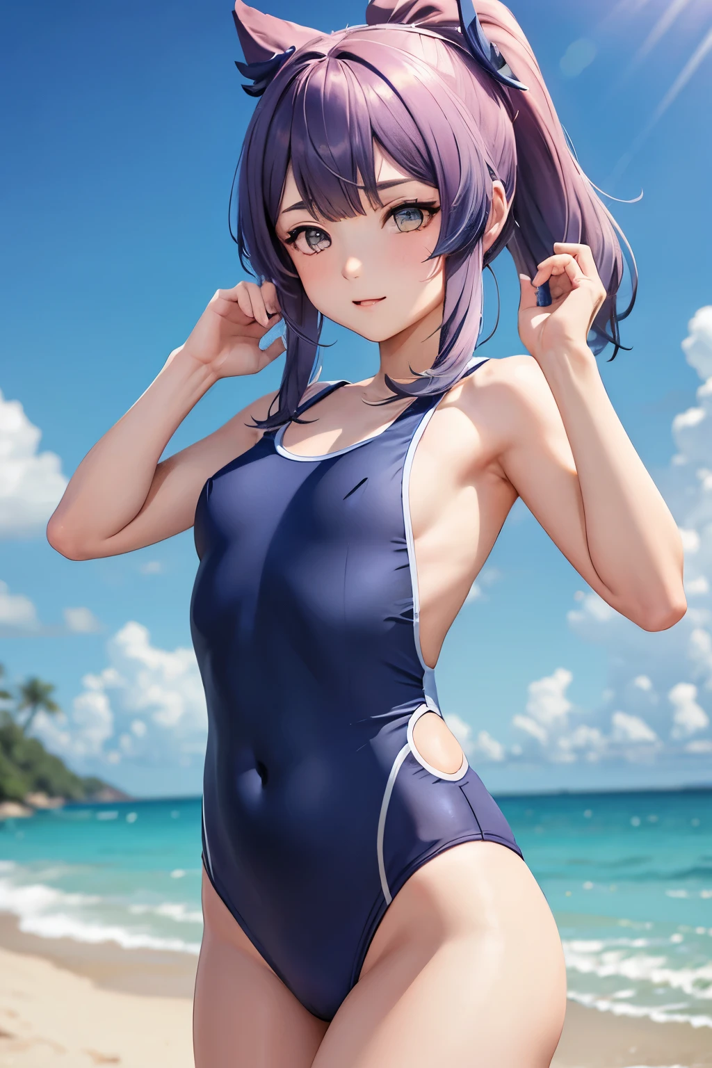 Kokomi of Genshin, navy blue school swimsuit, dynamic pose, small breasts