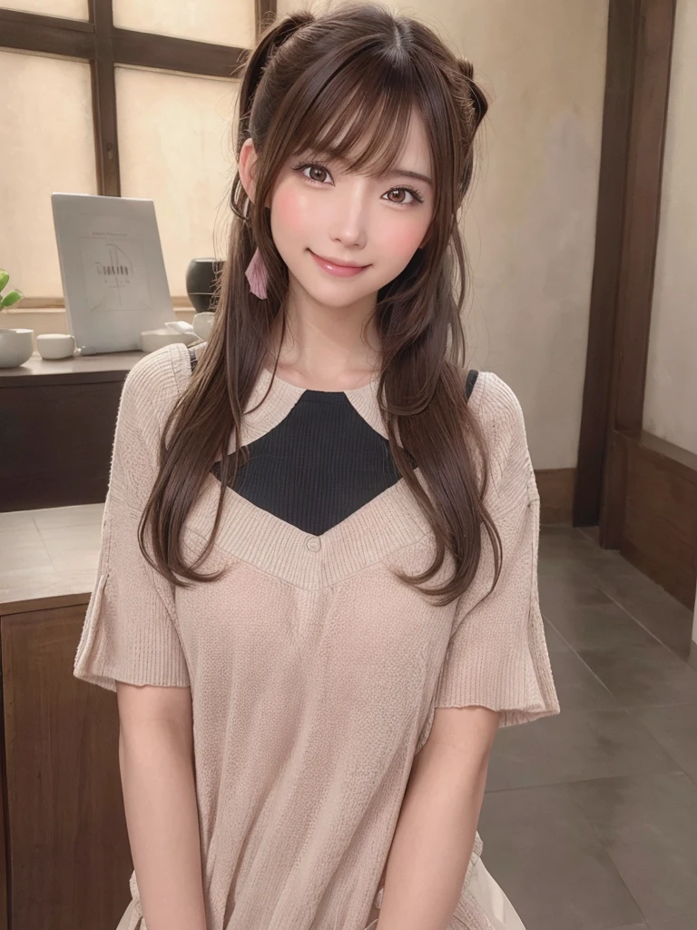 brown hair, hair over shoulder, ponytail, grin, blush, Surrealism, Hyperrealism, Verism, wide shot, UHD, masterpiece, ccurate, anatomically correct, textured skin, super detail, high details, high quality, highres, 1080P, HD, 8k