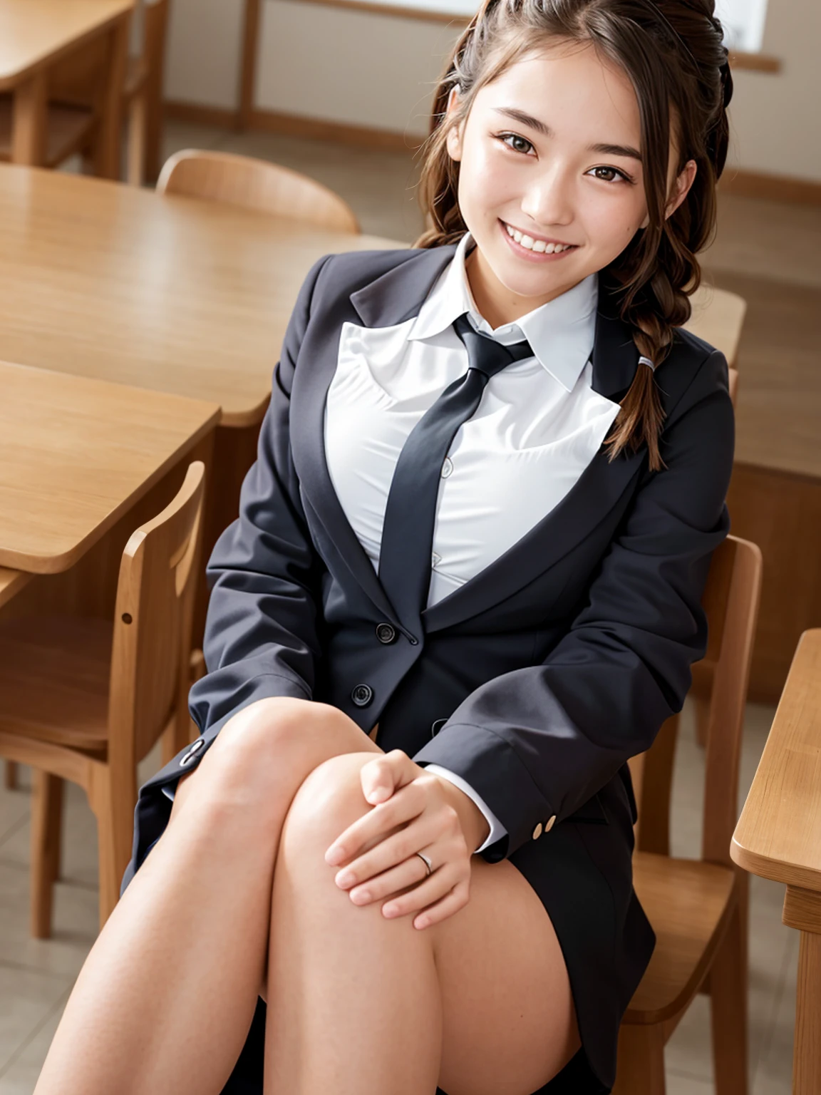masterpiece, High resolution, Portraiture, highest quality, High resolution,
Realistic, alone, school blazer uniform, School classroom during the day,Smiling and showing beautiful teeth,(Braid),No exposure、Large Breasts、Very young face、Small woman