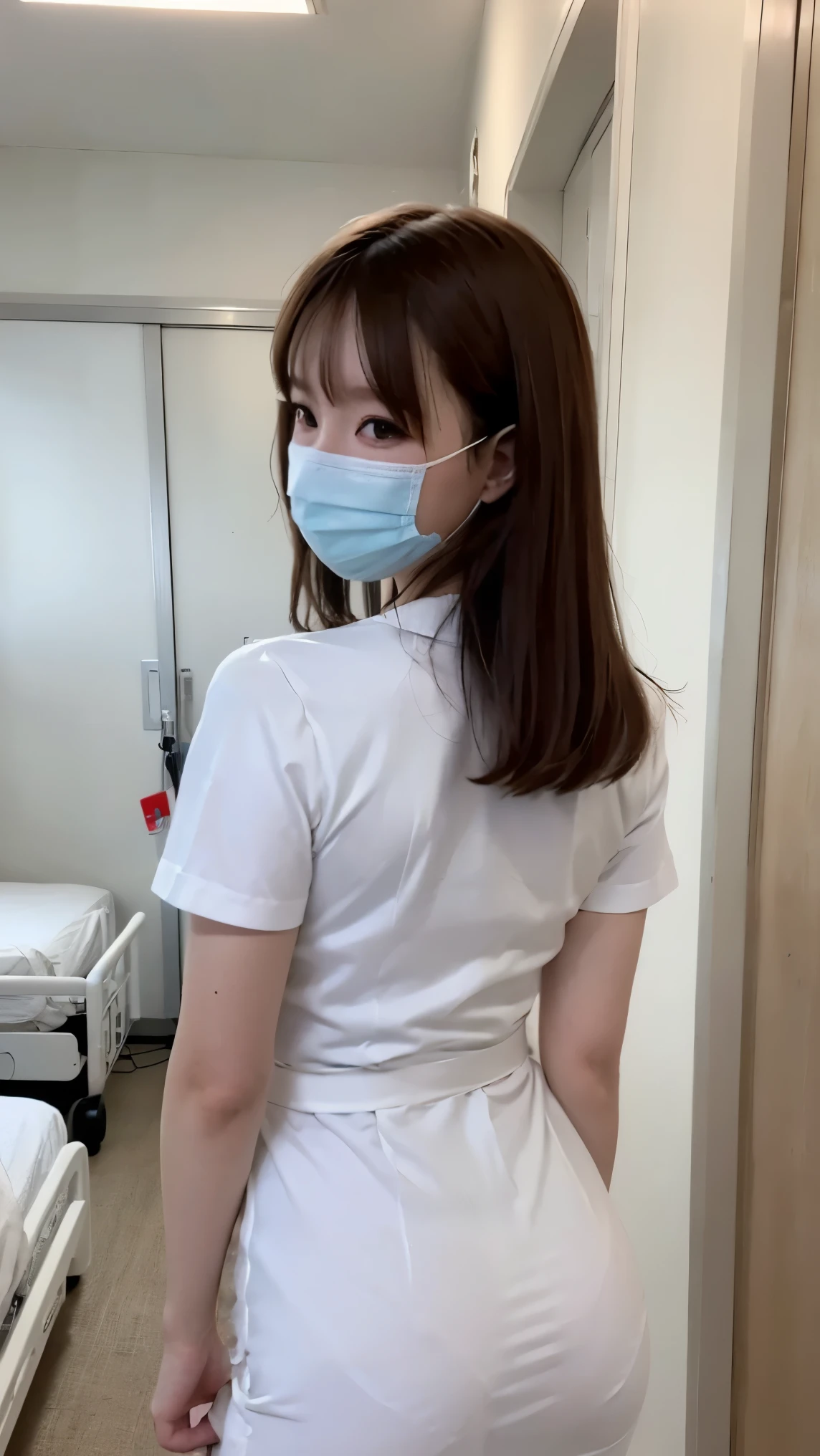 1 girl,(Wearing white nurse clothes:1.2),(RAW Photos, highest quality), (Realistic, photo-Realistic:1.4), masterpiece, Very delicate and beautiful, Very detailed, 2k wallpaper, wonderful, finely, Very detailed CG unity 8k wallpaper, Very detailed, High resolution, Soft Light, Beautiful detailed girl, Very detailed eyes and face, Beautiful and detailed nose, finely beautiful eyes, nurse, Perfect Anatomy, Black Hair, Upstyle, nurse uniform, ((mask)), Long skirt, nurse, thinピンクの衣装, thin, hospital, clear, White Uniform, hospital room, Neck auscultation,Bobcut、Back view、Stick out your buttocks