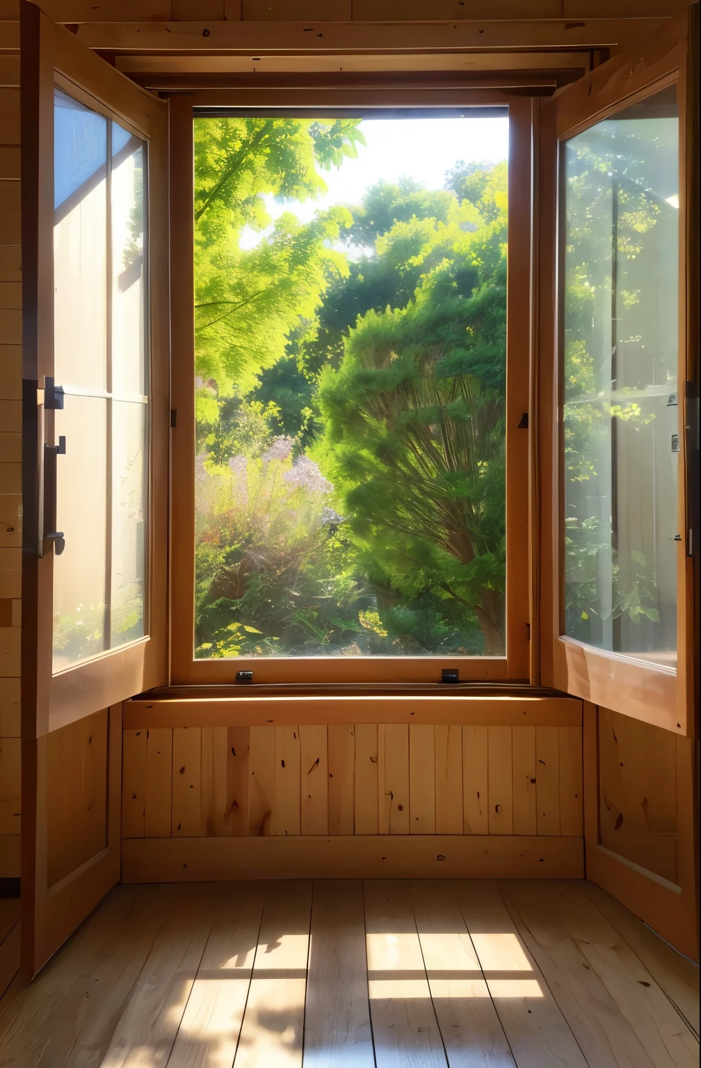 (Best Picture Quality,8K Quality,Masterpiece:1.3,),(Super A Quality,Photorealistic:1.4,Raw Photo),(Asahi:1.3),(Masterpiece:1.2),(Realistic:1.2),(Raw Photo),(Detail:1. 2), Official Art, Unity 8K Wallpaper, super definition, aesthetic, masterpiece, top quality, outdoor, window front, tree frame window, natural light, (bright sunlight), window, (window open), wind, bright garden, sunlight through trees