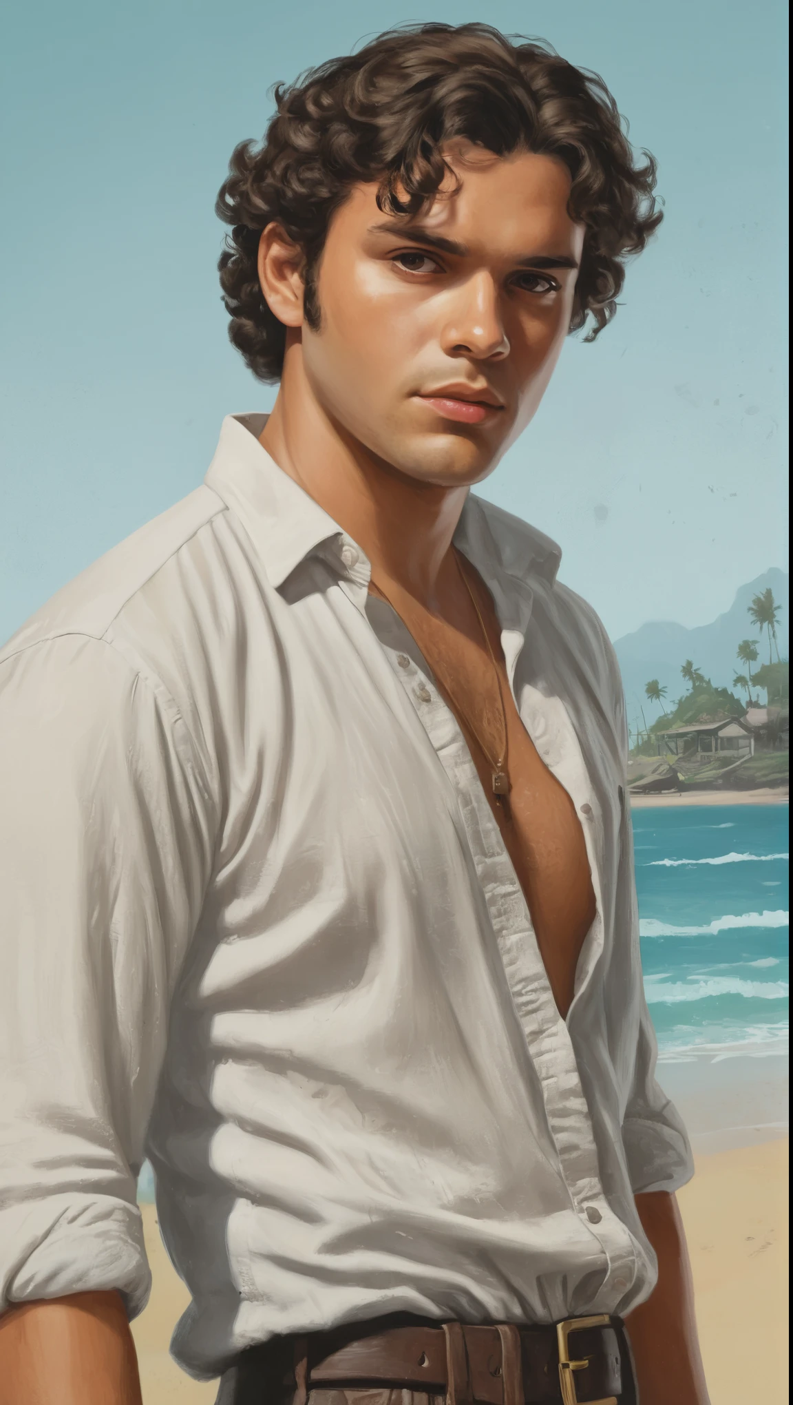 An illustrated movie poster of a pirate, 21 years-old, wearing a linen shirt, stocky, soft doughy physique, deep brown eyes, wide bulbous nose, full lips, black hair, curly swept-back hair, thick bushy eyebrows, extremely hairy chest, stomach, and arms, lots of body hair, posing on a tropical beach, hand-drawn, full color, multi-color, shadows, graphite shading, stencil marks, airbrushed acrylic paint, masterpiece, in the style of Grand Theft Auto V 
