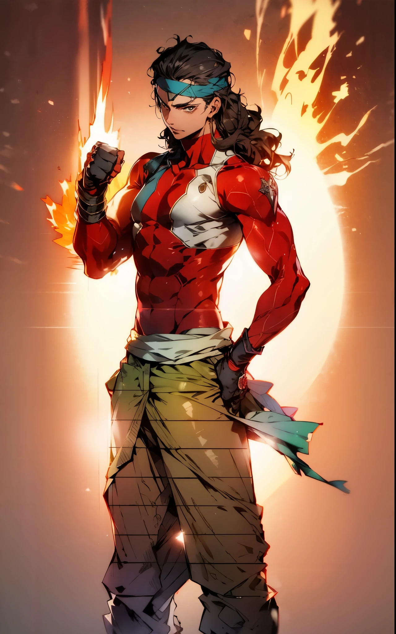 A young man with thick chestnut-brown long hair, a red headband adorned his forehead, devoid of eyebrows, triangular eyes, a square face, proud expression, robust and muscular physique, a fantasy-style tight-fitting open-chest vest, gloves, a ragged cloth tied around his waist, white utility trousers, his raised right fist surrounded by crimson flames, stands amidst boundless wilderness, this character embodies a finely crafted fantasy-style rogue in anime style, exquisite and mature manga art style, high definition, best quality, highres, ultra-detailed, ultra-fine painting, extremely delicate, professional, perfect body proportions, golden ratio, anatomically correct, symmetrical face, extremely detailed eyes and face, high quality eyes, creativity, RAW photo, UHD, 32k, Natural light, cinematic lighting, masterpiece-anatomy-perfect, masterpiece:1.5