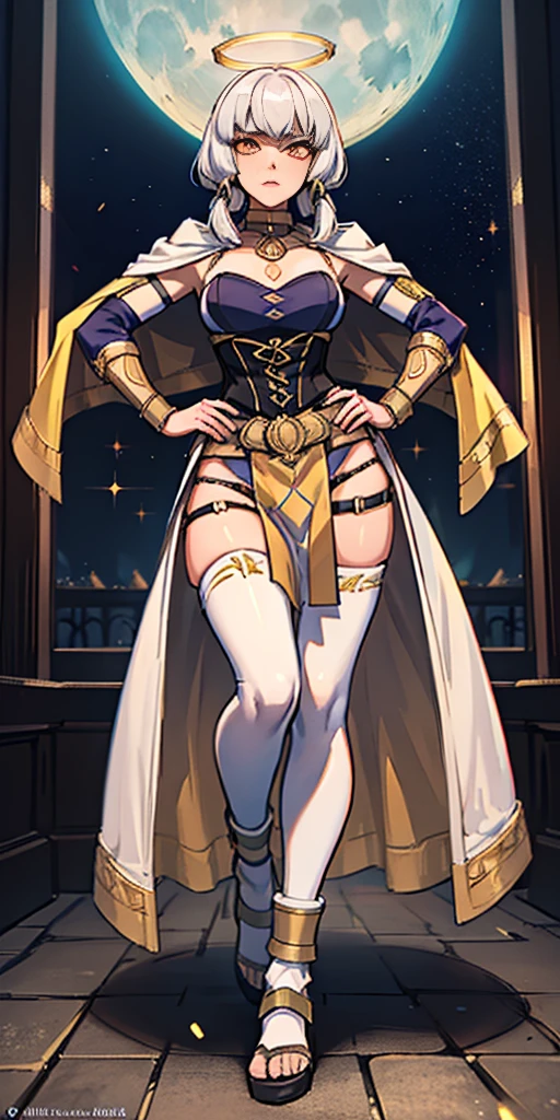 paladin lady in ornate golden armor, black collar, pauldrons, breastplate, corset, glowing halo, short hair, bob hair style, white silver hair, yellow glowing eyes, bright pupils, eye focus, red cape, temple indoors, stained glass windows, night, moonlight, particles, light beam, chromatic aberration, (full body, whole body. 1solo (girl). slave fighter, loincloth standing, hands on hips full body, whole body. 1solo (girl). slave fighter, loincloth standing, hands on hips, metal sandals, choker, big belt, view from below, feet together, bracers, tiara)