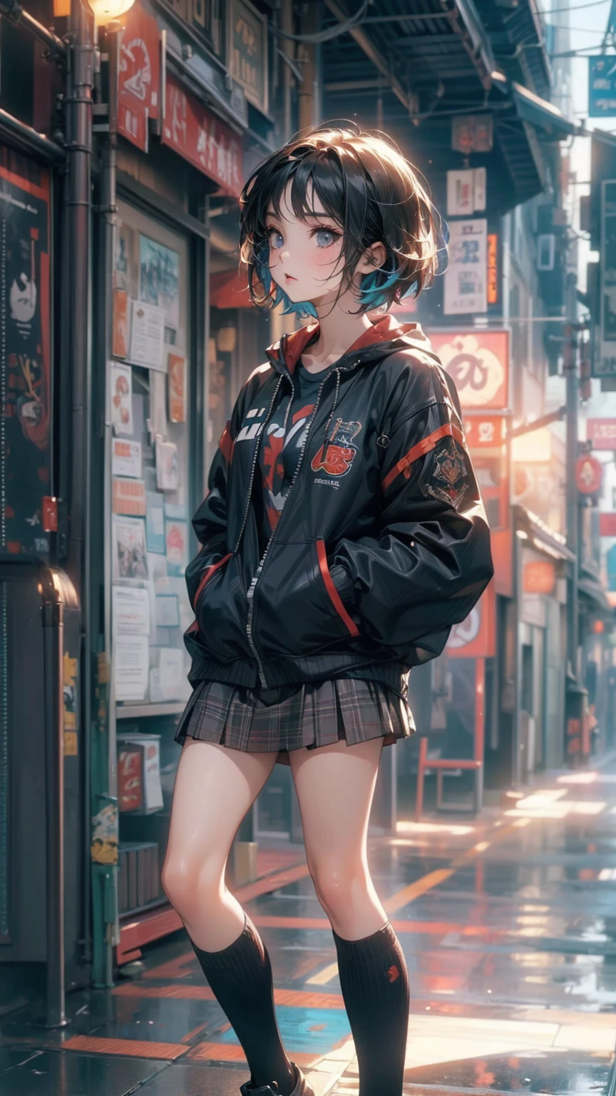 ((Highly detailed CG unit 8K wallpaper, masterpiece, High resolution, highest quality)), Structure from head to thighs:1.3, Upper body focus, 20-year-old woman, short hair, Avant-garde makeup, Hands in pockets pose:1.5, Grunge Fashion:1.2, wear a blouson:1.2, Blurred Background, A colorful, deserted alley, Cinema Lighting, Anime Style, Simple lines, Digital Painting,