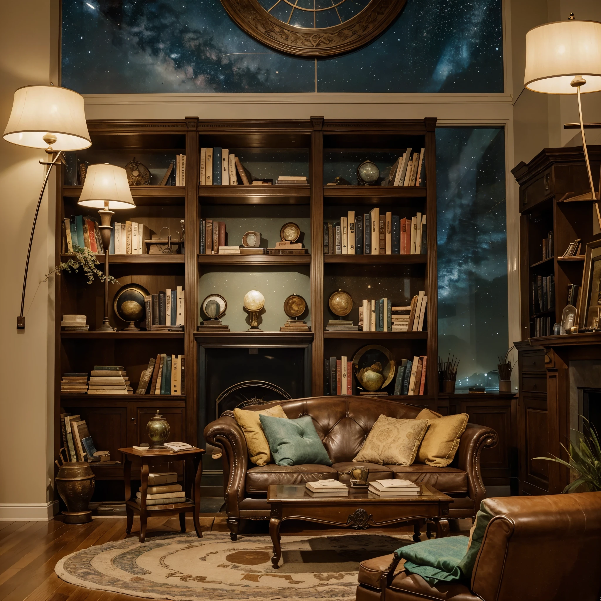 As you step into the cozy living room, you're immediately enveloped in the comforting scent of aged books and the soft glow of the fireplace dancing against the walls. The room is adorned with floor-to-ceiling bookshelves, each shelf packed with hundreds of books dedicated to health, fitness, and wellness. Titles ranging from "The Art of Healthy Eating" to "Fitness for Life" line the shelves, inviting you to explore the wealth of knowledge within their pages.
In the center of the room, a plush armchair beckons, nestled beside a small clearing illuminated by the flickering flames of the fireplace. Here, amidst the towering stacks of books, sits a serene oasis—a painting of Van Gogh's iconic "Starry Night," its swirling blues and vibrant yellows casting a mesmerizing spell over the room.
As you settle into the armchair, surrounded by the wisdom of countless authors and the timeless beauty of Van Gogh's masterpiece, you feel inspired to embark on a journey of self-discovery and transformation. With every turn of a page and every glimpse of the starry sky above, you're reminded that the path to a healthier, happier life begins here, in this sanctuary of knowledge and beauty.
