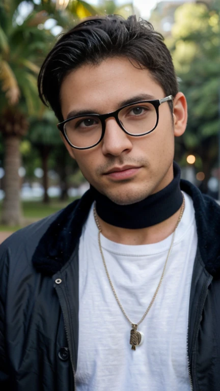25 year old boy, rostro delgado, sin barba, ojos color azul, cuerpo completo , hiperrealista, con lentes, chaqueta con capucha negra serious look, collar en el cuello, cabello corto, cabello negro, piel blanca, realista, posando sentado en un parque
