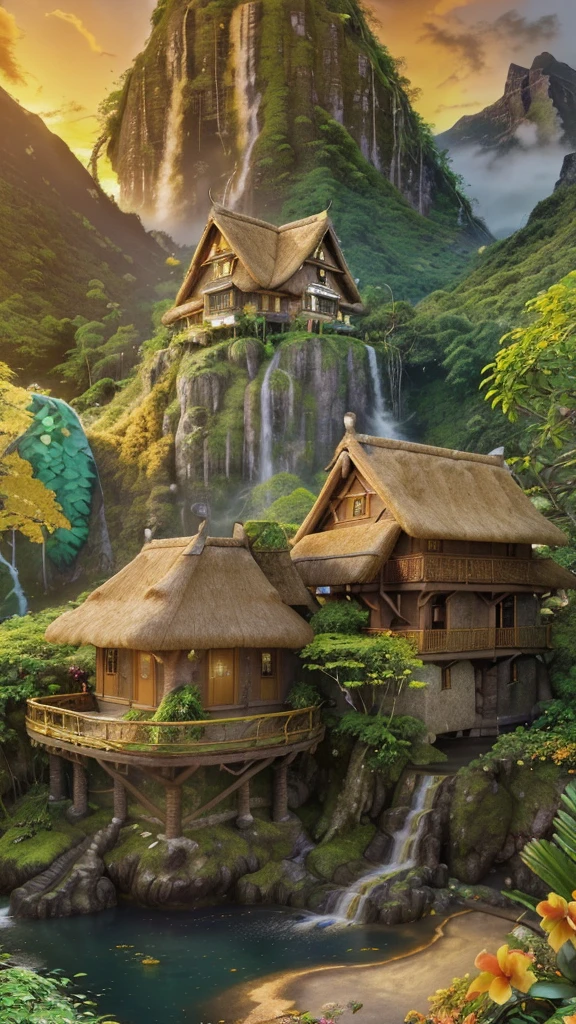 (a house with thatched roof, rustic wooden walls),(tropical rainforest),(a serene lake),(a majestic waterfall),(a towering mountain),(a colorful sunset),(lush flowers in full bloom),(best quality, highres),(ultra-detailed),(realistic),(landscape),(vivid colors),(golden hues),(soft lighting)