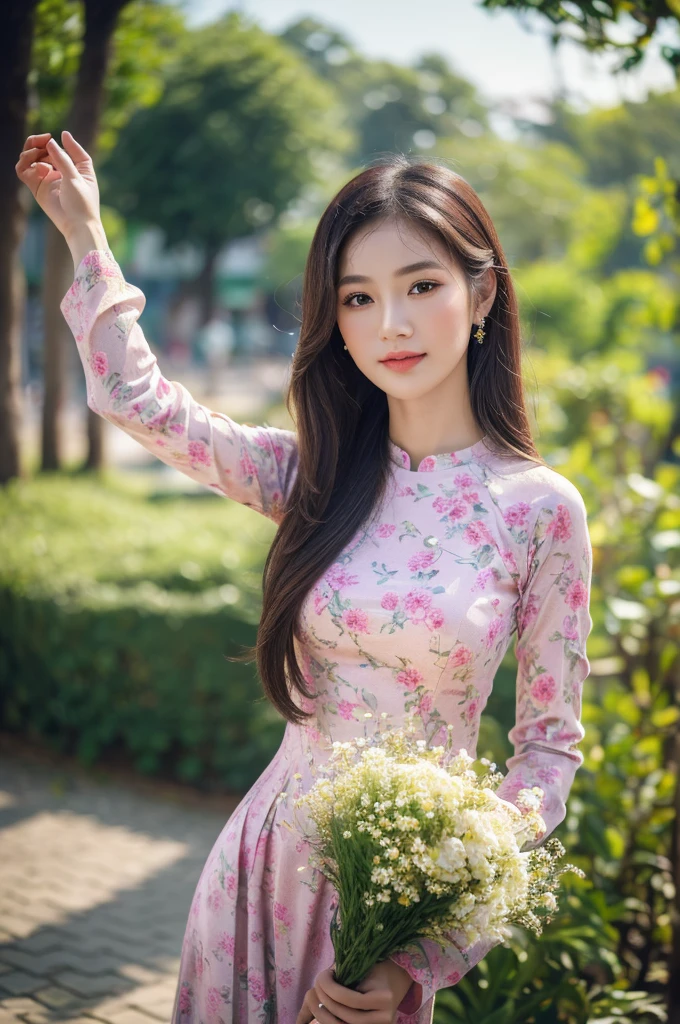 (best quality,4k,8k,highres,masterpiece:1.2),ultra-detailed,realistic,close-up portrait,Asian girl, intricate detail Vietnamese Ao Dai,beautiful detailed hair,lively colors,graceful pose,elegant atmosphere,vibrant flowers,soft sunlight,nostalgic vibes,sunlit cobblestones, ancient street,ancient architecture.