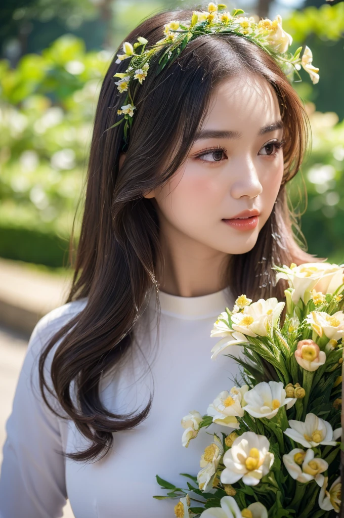 (best quality,4k,8k,highres,masterpiece:1.2),ultra-detailed,realistic,close-up portrait,Asian girl, intricate detail Vietnamese Ao Dai,beautiful detailed hair,lively colors,graceful pose,elegant atmosphere,vibrant flowers,soft sunlight,nostalgic vibes,sunlit cobblestones, ancient street,ancient architecture.