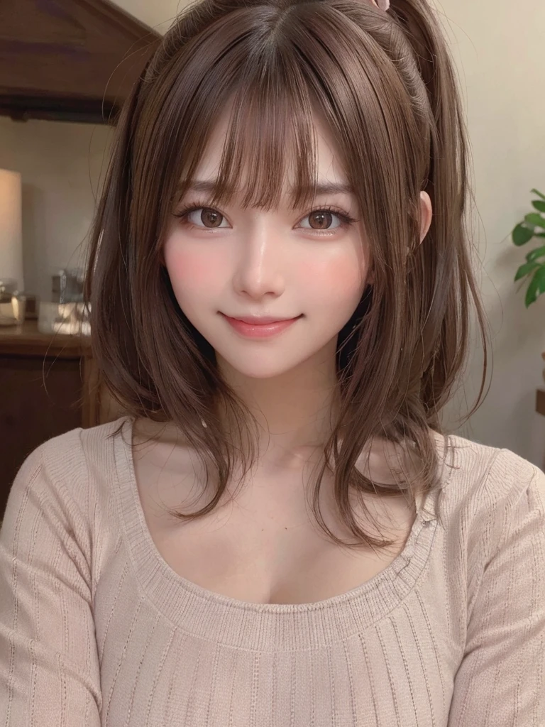 brown hair, hair over neck, ponytail, grin, blush, Surrealism, Hyperrealism, Verism, wide shot, UHD, masterpiece, ccurate, anatomically correct, textured skin, super detail, high details, high quality, highres, 1080P, HD, 8k