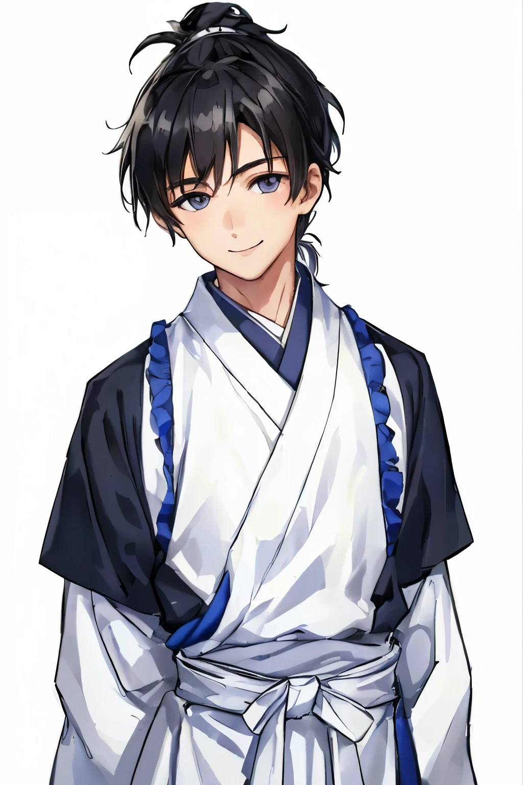 master piece, highest quality, best quality、details、fine detailasterpiece、official art,、(((white background)))、(((simple background)))、(1boy:1.5)、(slimming:1.1)、(arms behind back:1.2)、(((looking at viewer)))、Smile、14-year-old boy、 ponytail、japanese clothes, Black Hair、scholar、anastasia