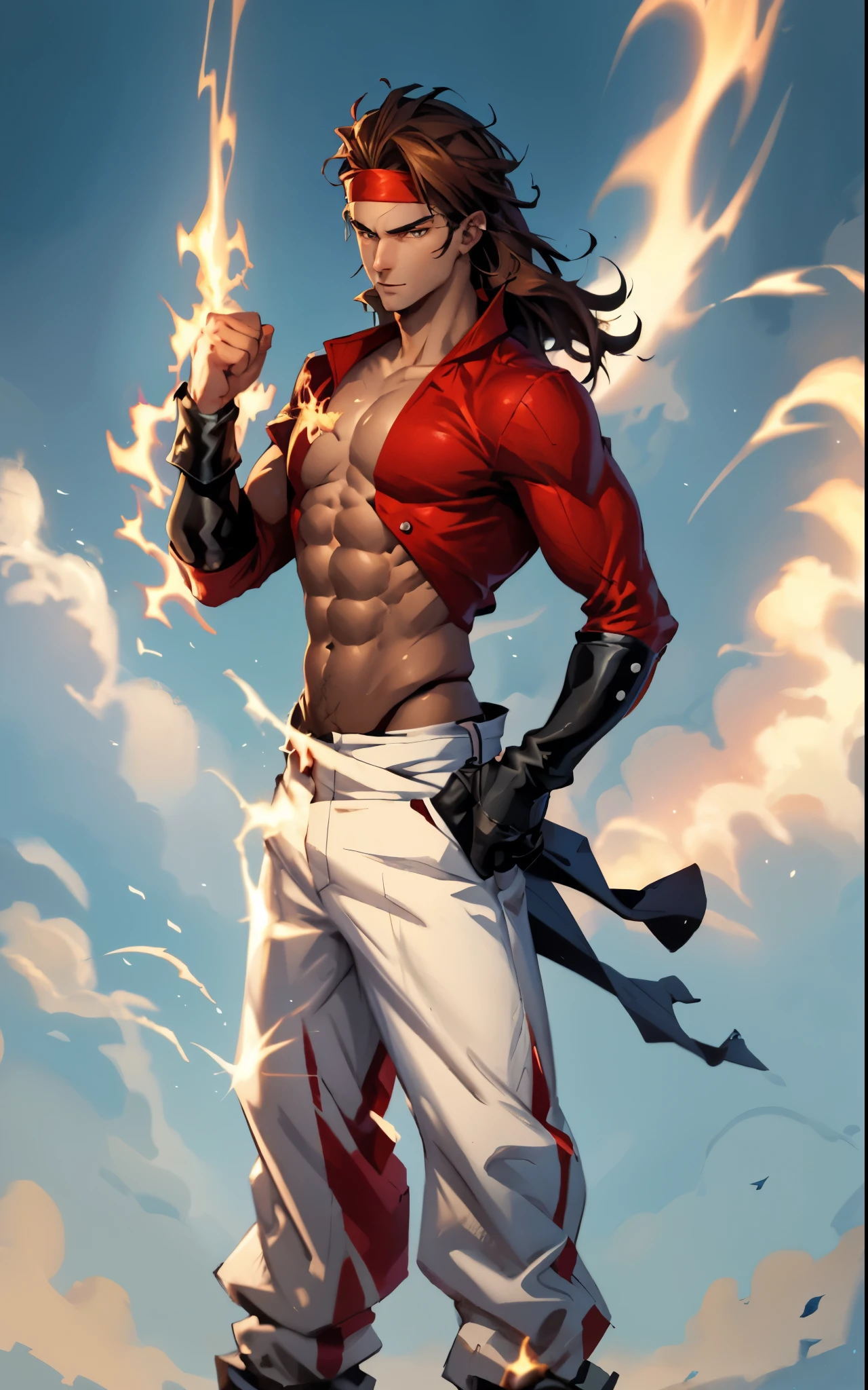 A young man with thick chestnut-brown long hair, a red headband adorned his forehead, devoid of eyebrows, triangular eyes, a square face, proud expression, robust and muscular physique, a fantasy-style tight-fitting open-chest vest, gloves, a ragged cloth tied around his waist, white utility trousers, his raised right fist surrounded by crimson flames, stands amidst boundless wilderness, this character embodies a finely crafted fantasy-style rogue in anime style, exquisite and mature manga art style, high definition, best quality, highres, ultra-detailed, ultra-fine painting, extremely delicate, professional, perfect body proportions, golden ratio, anatomically correct, symmetrical face, extremely detailed eyes and face, high quality eyes, creativity, RAW photo, UHD, 32k, Natural light, cinematic lighting, masterpiece-anatomy-perfect, masterpiece:1.5