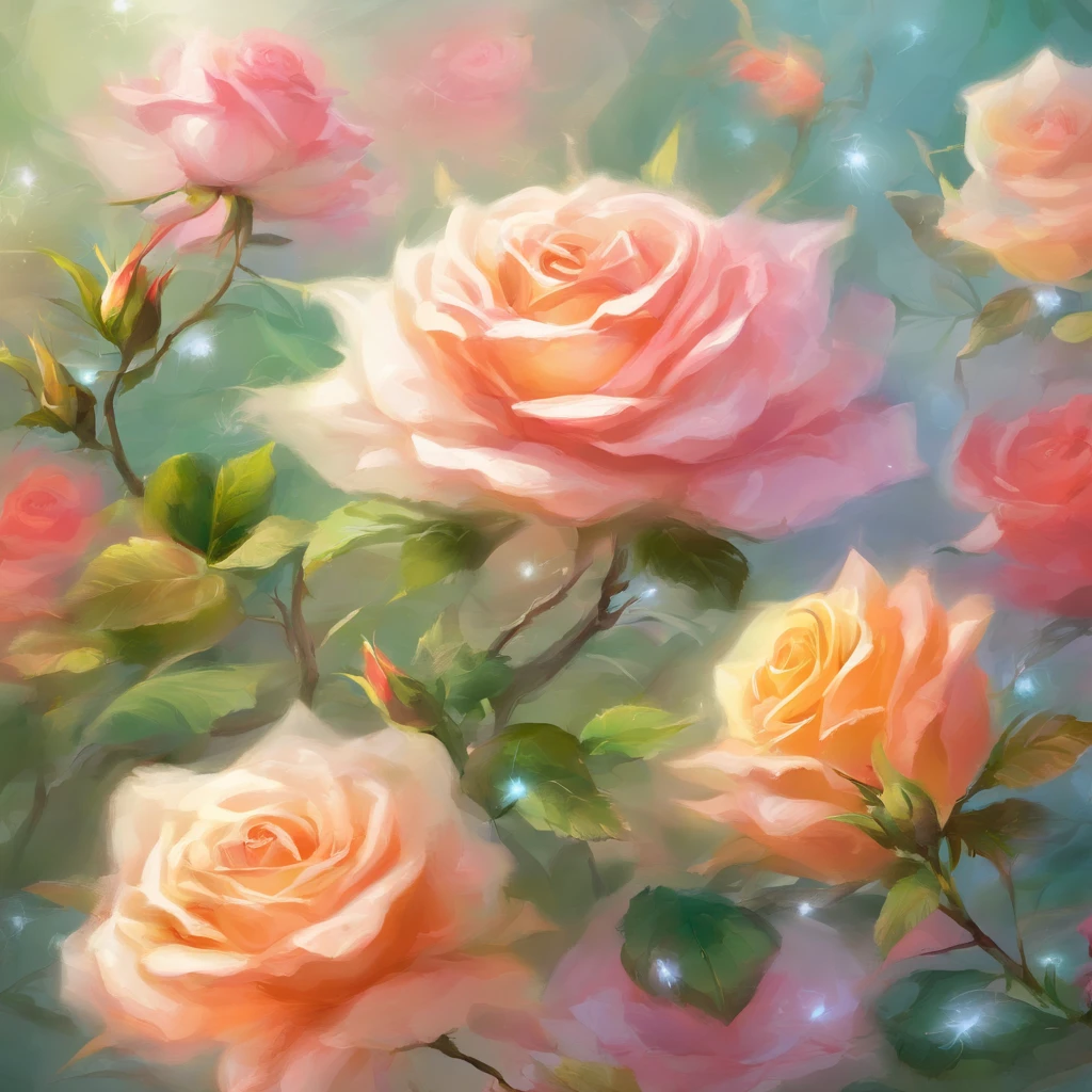 (a close-up view ,rosefield,Beautiful roses,blooming roses,bright colors,Tightly packed roses,soft petals,breeze,green leaves,fertile land,refreshing scent,Summer mood,peaceful atmosphere,blooming nature,the beauty of serenity,(best quality,high resolution,masterpiece:1.2),very detailed,In fact,photoIn fact,soft light,fancy,impressionist style