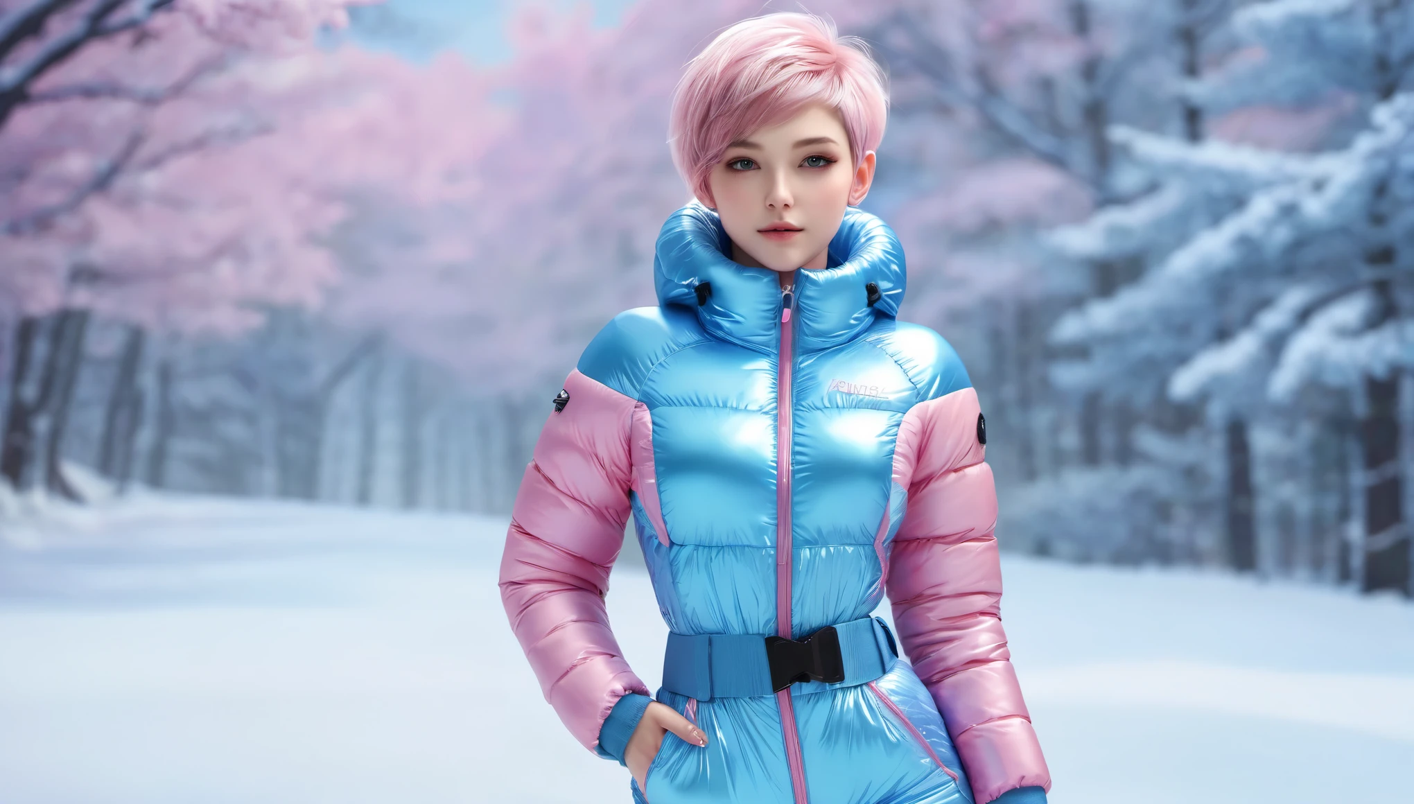 (best quality,highres,ultra-detailed,realistic,masterpiece:1.2), girl in opened puffer jumpsuit, small breasts, small hips, pixie short asymmetrical shaved hair, shiny, light blue and pink:1.4