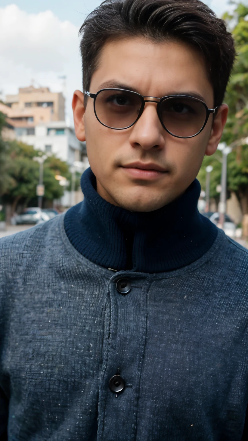 25 year old boy, rostro delgado, sin barba, ojos color azul, cuerpo completo , hiperrealista, con lentes, chaqueta con capucha negra serious look, collar en el cuello, cabello corto, cabello negro, piel blanca, realista, posando sentado en un parque