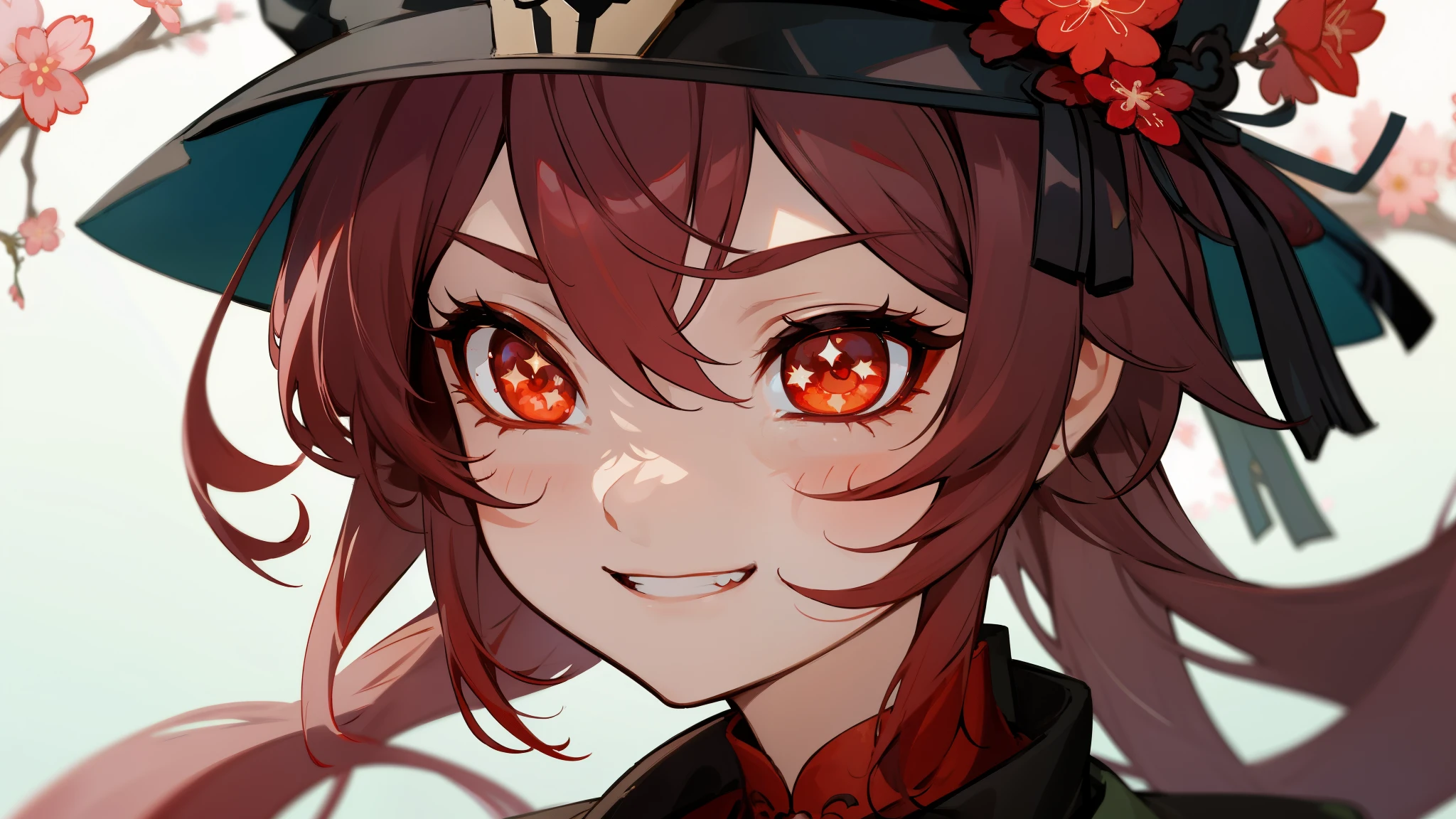 2d, masterpiece, best quality, anime, highly detailed eyes, highly detailed face, highly detailed background, perfect lighting, close up, 1girl, solo, hu tao \(genshin impact\), star-shaped pupils, flower-shaped pupils, hat, red flower, red eyes, cherry blossoms, evil grin
