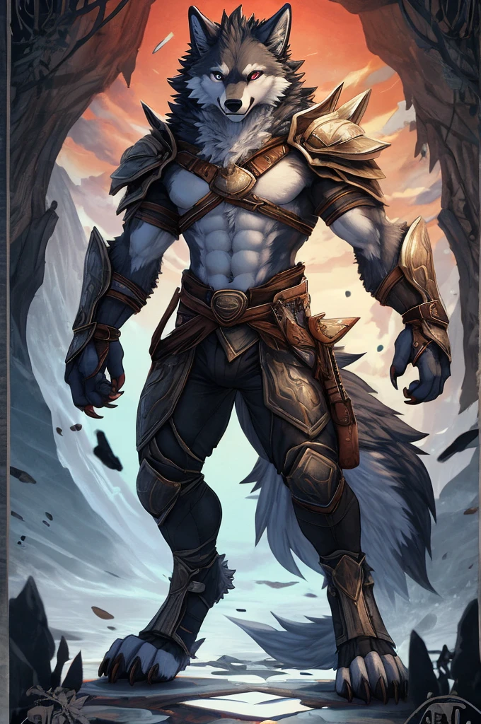 Anthro male white wolf knight holding a two-handed greatsword, alone, arrogant expression, masterpiece, Best Art, whole body, by violinist taran, detailed eyes, detailed body, claws, high, top-less, Pecs, ABS, shoulder pads, standing, short black and blue loincloth