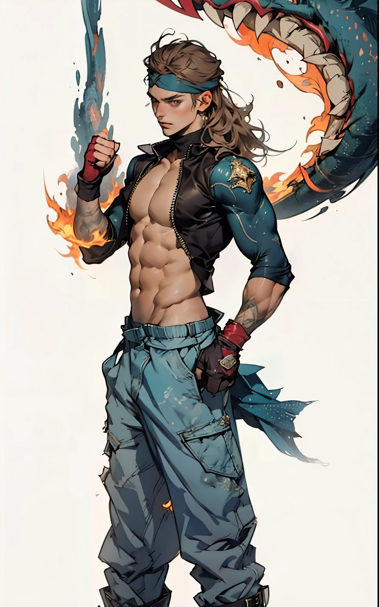 A young man with thick chestnut-brown long hair, a red headband adorned his forehead, devoid of eyebrows, triangular eyes, a square face, proud expression, robust and muscular physique, a fantasy-style tight-fitting open-chest vest, gloves, a ragged cloth tied around his waist, white utility trousers, his raised right fist surrounded by crimson flames, stands amidst boundless wilderness, this character embodies a finely crafted fantasy-style rogue in anime style, exquisite and mature manga art style, high definition, best quality, highres, ultra-detailed, ultra-fine painting, extremely delicate, professional, perfect body proportions, golden ratio, anatomically correct, symmetrical face, extremely detailed eyes and face, high quality eyes, creativity, RAW photo, UHD, 32k, Natural light, cinematic lighting, masterpiece-anatomy-perfect, masterpiece:1.5