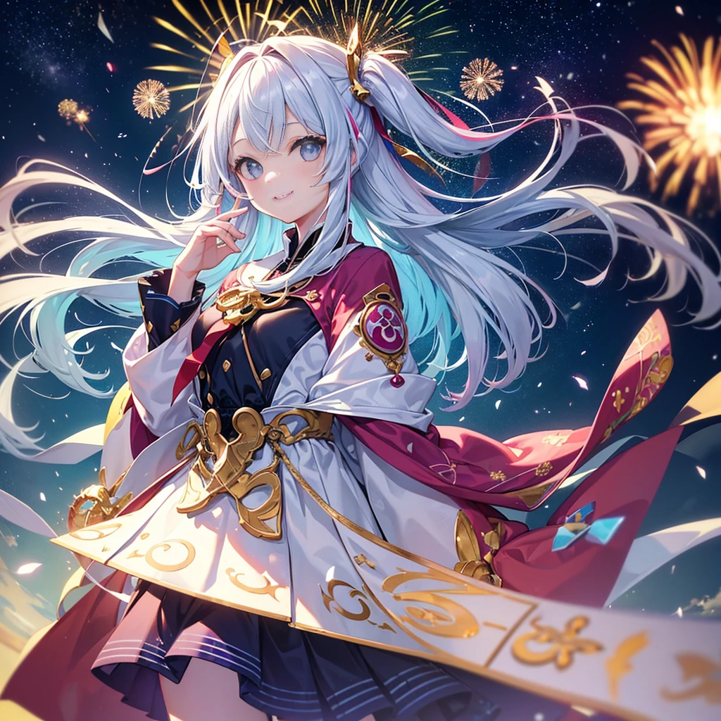(((masterpiece)))、(((top-quality)))、((ultra-detailliert))、(illustratio)、((extremely delicate and beautiful))、Bright smile、floating、(Detailed light) (1girl in)、、solo、The long-haired、The wind is blowing、A WORLD、(cute eye)、((Fireworks display seen from space)),Fireworks are the main composition,Fireworks display beyond imagination,innocent smiles、eye glass、Never seen、Seven colors,(1girl in, Solo:1.6),(Cute smile),(Clothes are simple), (Best Impact:1.5), (maximalism:1.7), Vivid contrast, (Realistic), hyperrealistic illustrations, hight resolution, ultra-detailliert, absurderes,(Fractal Art:1.3)、Random hairstyle、Random hair color colorful、FULL BODYSHOT、Retro、Precise focus、randome pose、cinema4d、Drama