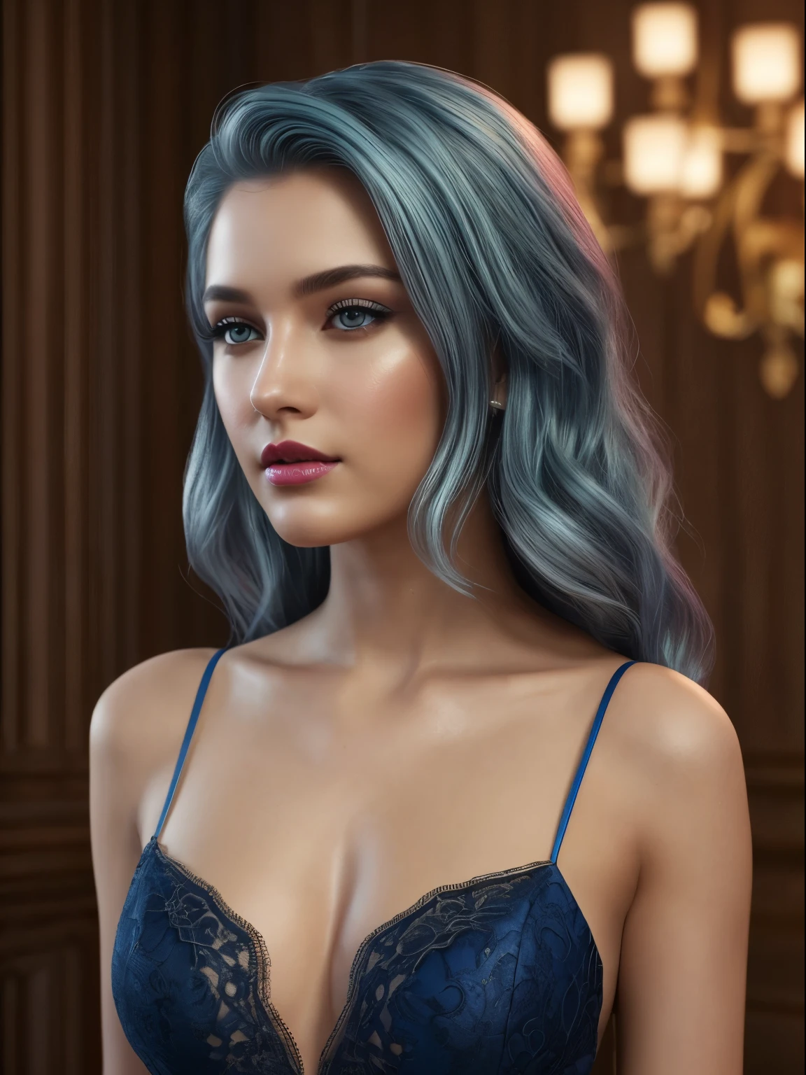 (Best quality,8K,A high resolution,Masterpiece:1.2, DSLR, 16k ),Ultra-detailed,(Realistic,Photorealistic,photo-realistic:1.37),Portrait, Creative style artwork, Historical, classical, Sophisticated, plethora of colors ,Highly detailed, Soft lighting, luxurious environment , black dress, there is young woman , girl wearing a red classy royal dress, performing a music video, slim fit (oval perfect shape, asymmetrical face structure, perfect proportion, almond eye type, hazal eye color, detailed eyes, blue hair color, 32 inch breasts, hourglass figure, slim body, pale white skin tone ,sexy girl, 25 years old, soft wavy hair, looking away, attitude expression, professional makeup, pink lips)