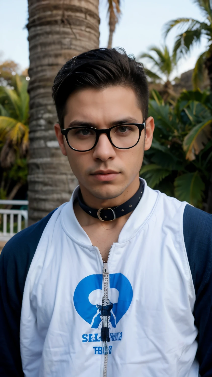 25 year old boy, rostro delgado, sin barba, ojos color azul, cuerpo completo , hiperrealista, con lentes, chaqueta con capucha, serious look, collar en el cuello, cabello de un punk, cabello negro, piel blanca, realista, posando sentado en un parque