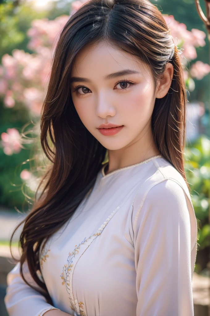 (best quality,4k,8k,highres,masterpiece:1.2),ultra-detailed,realistic,close-up portrait,Asian girl, intricate detail Vietnamese Ao Dai,beautiful detailed hair,lively colors,graceful pose,elegant atmosphere,vibrant flowers,soft sunlight,nostalgic vibes,sunlit cobblestones, ancient street,ancient architecture.