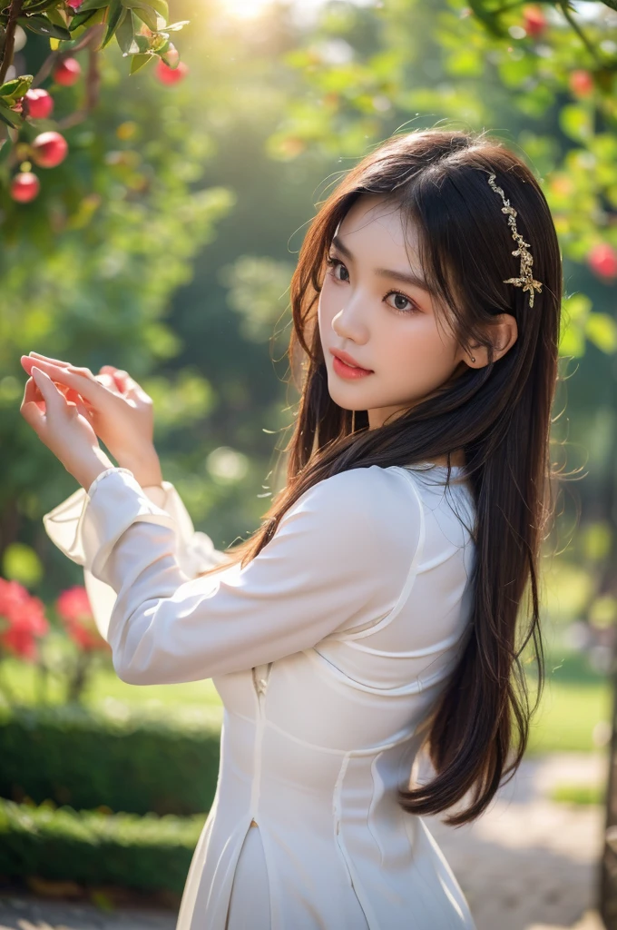 (best quality,4k,8k,highres,masterpiece:1.2),ultra-detailed,realistic,close-up portrait,Asian girl, intricate detail Vietnamese Ao Dai,beautiful detailed hair,lively colors,graceful pose,elegant atmosphere,vibrant flowers,soft sunlight,nostalgic vibes,sunlit cobblestones, ancient street,ancient architecture.