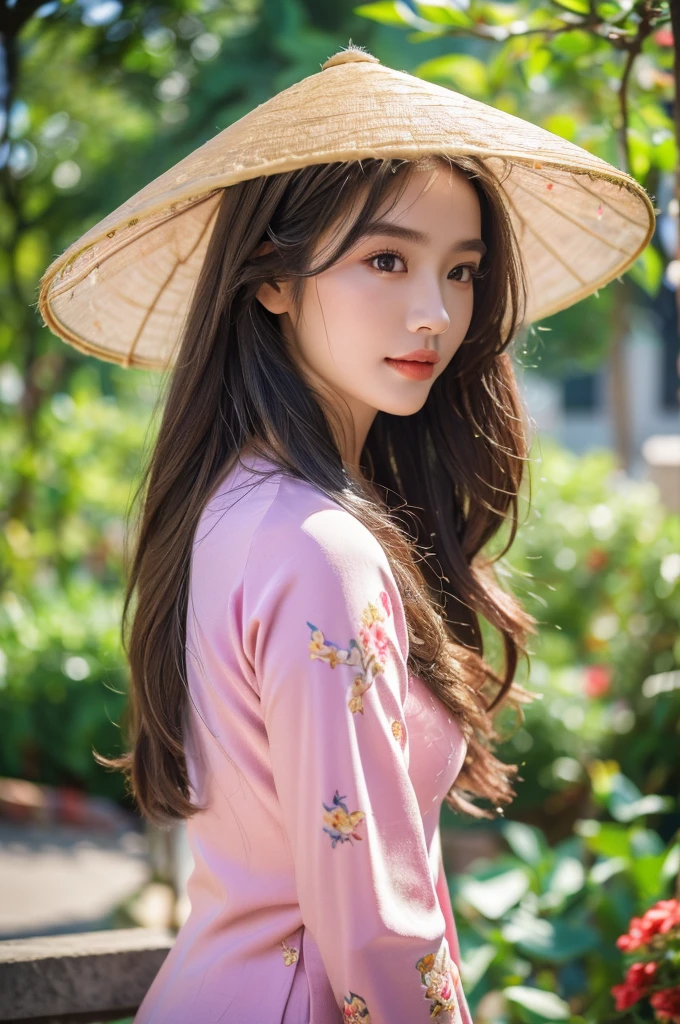 (best quality,4k,8k,highres,masterpiece:1.2),ultra-detailed,realistic,close-up portrait,Asian girl, intricate detail Vietnamese Ao Dai,beautiful detailed hair,lively colors,graceful pose,elegant atmosphere,vibrant flowers,soft sunlight,nostalgic vibes,sunlit cobblestones, ancient street,ancient architecture.