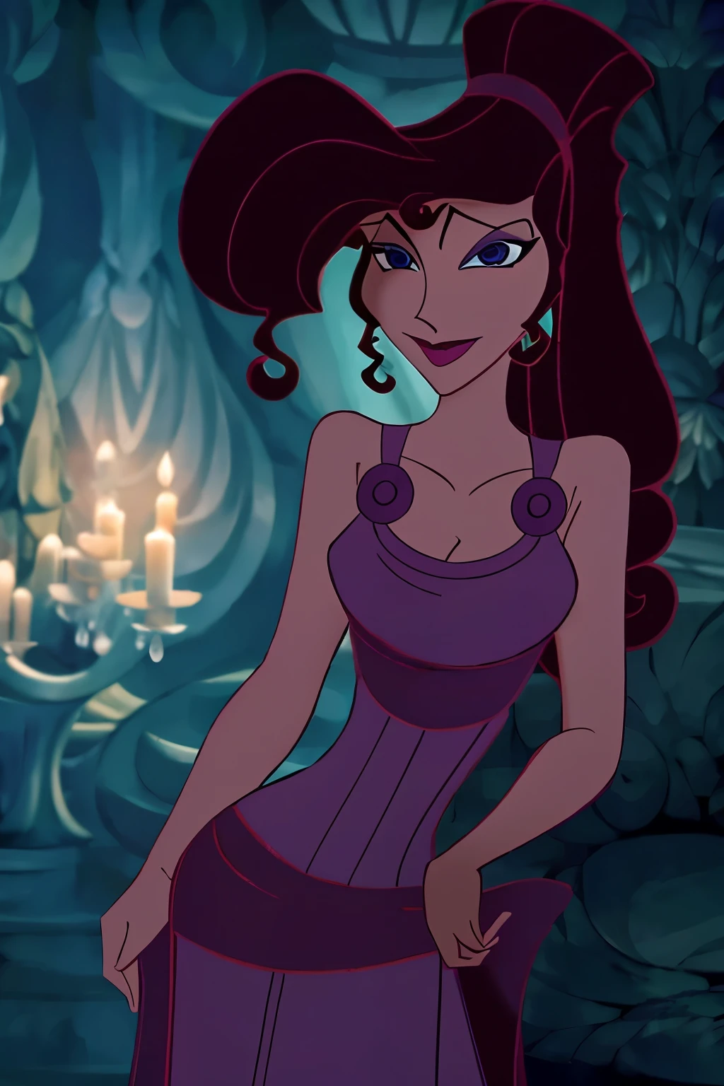 (1girl:1.2) brunette Megara wearing purple dress, face focus, beautiful portrait, detailed face expression, best quality, official art, on night light background romantic, shinning eyes, disney animation style, best quality, digital art, 2D