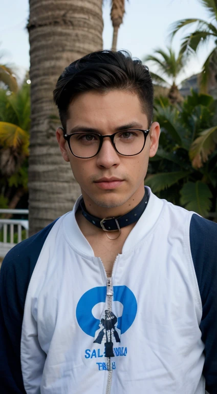 25 year old boy, rostro delgado, sin barba, ojos color azul, cuerpo completo , hiperrealista, con lentes, chaqueta con capucha, serious look, collar en el cuello, cabello de un punk, cabello negro, piel blanca, realista, posando sentado en un parque 