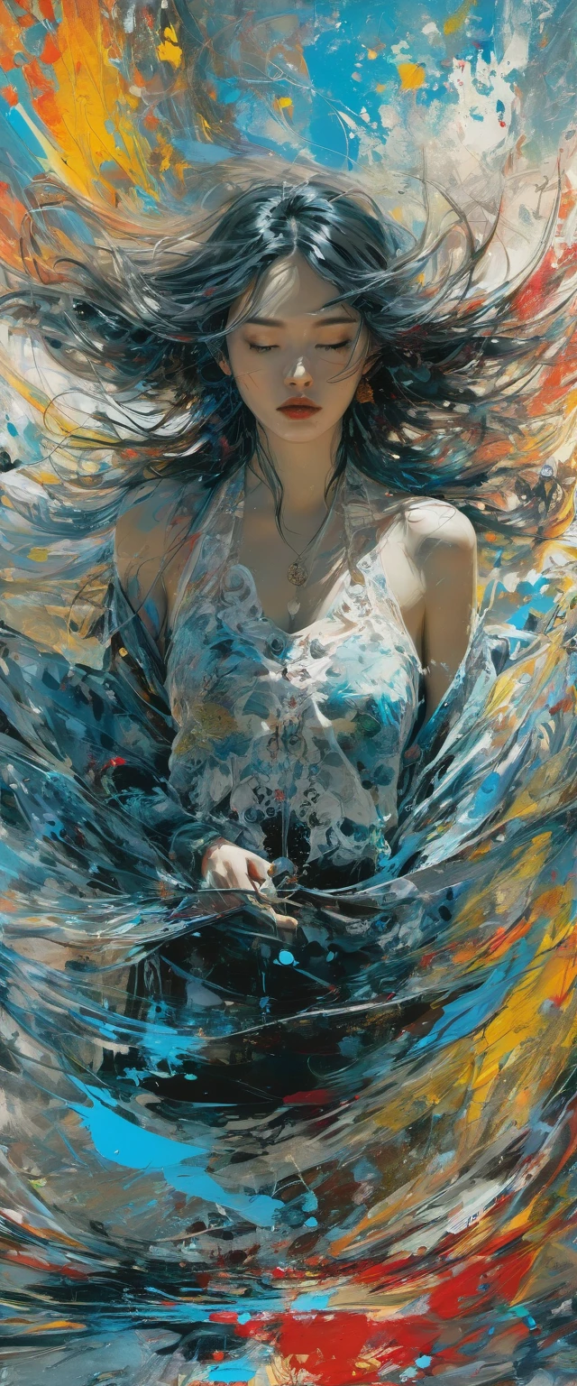 Abstract Expressionist Paintings - Abstract Beauty,(Black transparent， Lace),Flotation，(((Looking at the camera))),Nearly perfect,Dynamic,moonlight,Very detailed,number,Art Station,concept art,Smooth,Clear focus,illustration,Artwork by Carne Griffiths and Wadim Kashin . Vibrant brushwork, Bold Colors, Abstract Form, expressive, emotion, official art,Unity 8K wallpaper,Super detailed,Beautiful and beautiful,masterpiece,best quality,(zendispute, Mandala, dispute, endispute),(Fractal Art:1.3),1 Girl,(Medium chest extremely detailed),((Cowboy shooting:1.5)),Chaos in its most beautiful form,elegant,brutalist design,bright colors,,by James Jean,Robbie Devi Antonio,Ross Chen,French Bacon,Michael Mraz,Adrian Genius,Petra Cottwright,Gerhard Richter,Takato Yamamoto,Ashley Wood,atmosphere,The ecstasy of notes,Streaming notes are visible,